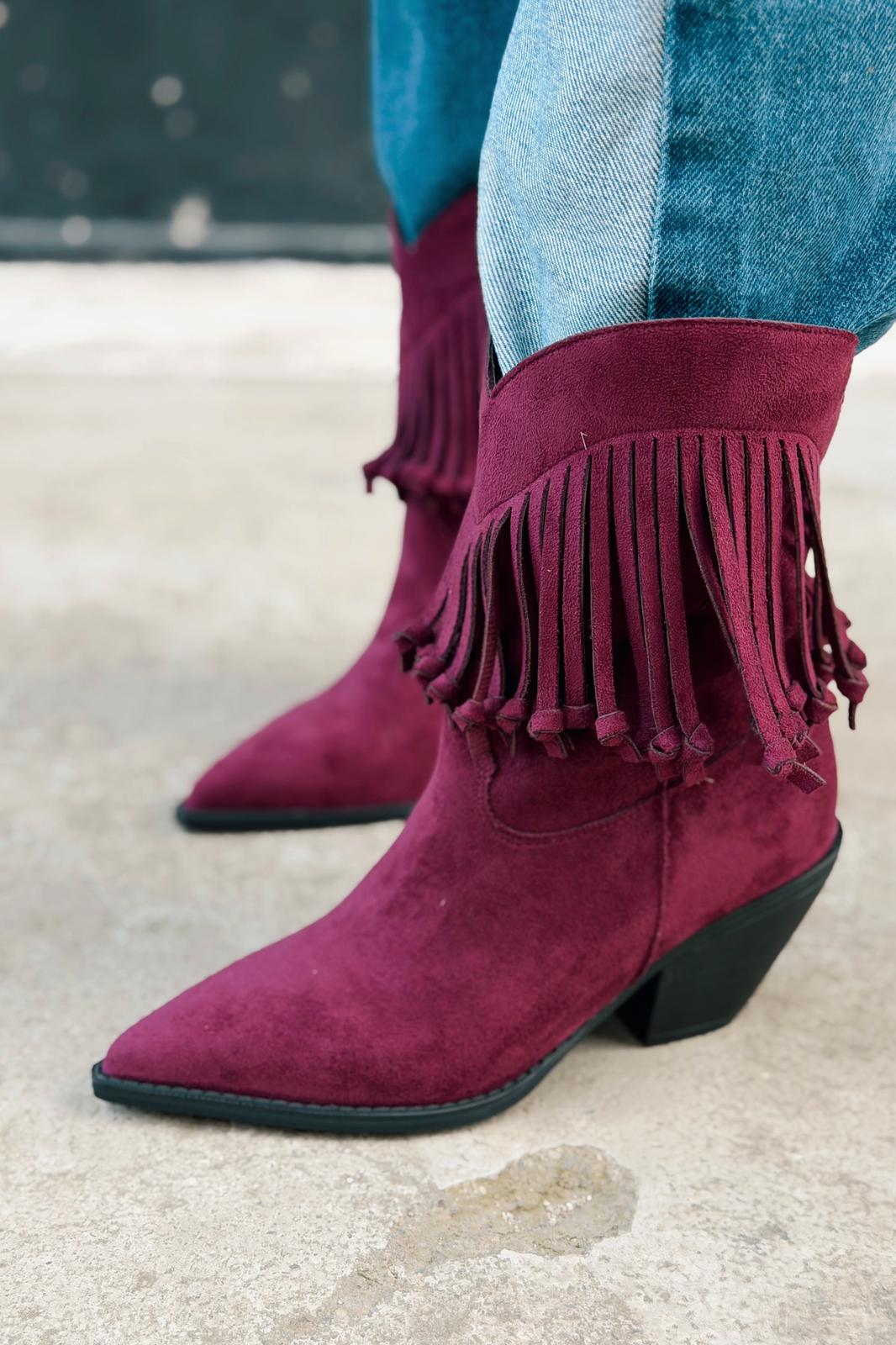 Iserne Women’s Cowboy Boots Burgundy Suede Fringe