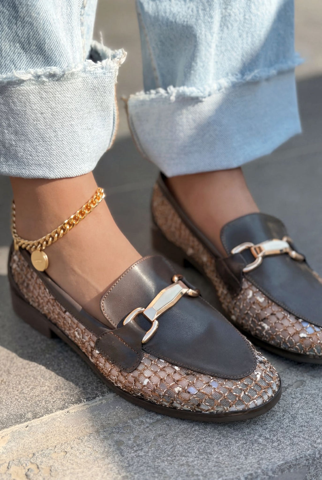 Delter Dark Brown Faux Leather Mesh Women's Loafers