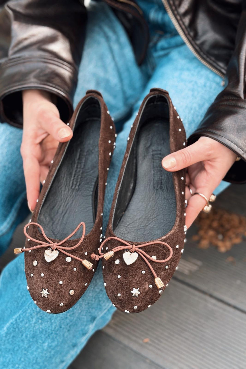 Vessa Dark Brown Genuine Suede Studded Women's Flats
