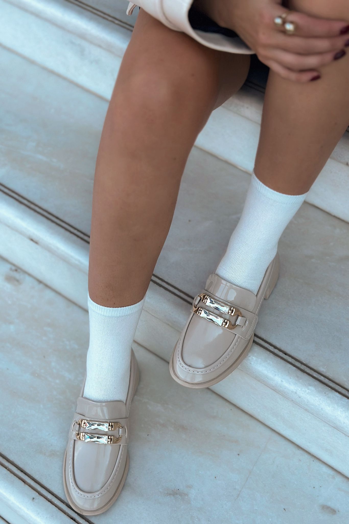 Sabella Beige Patent Faux Leather Embellished Women's Loafers