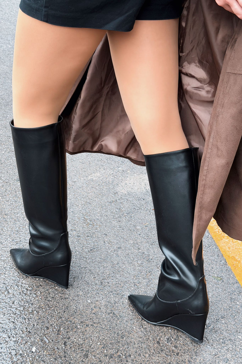 Ravita Black Faux Leather Wedge Heel Boots