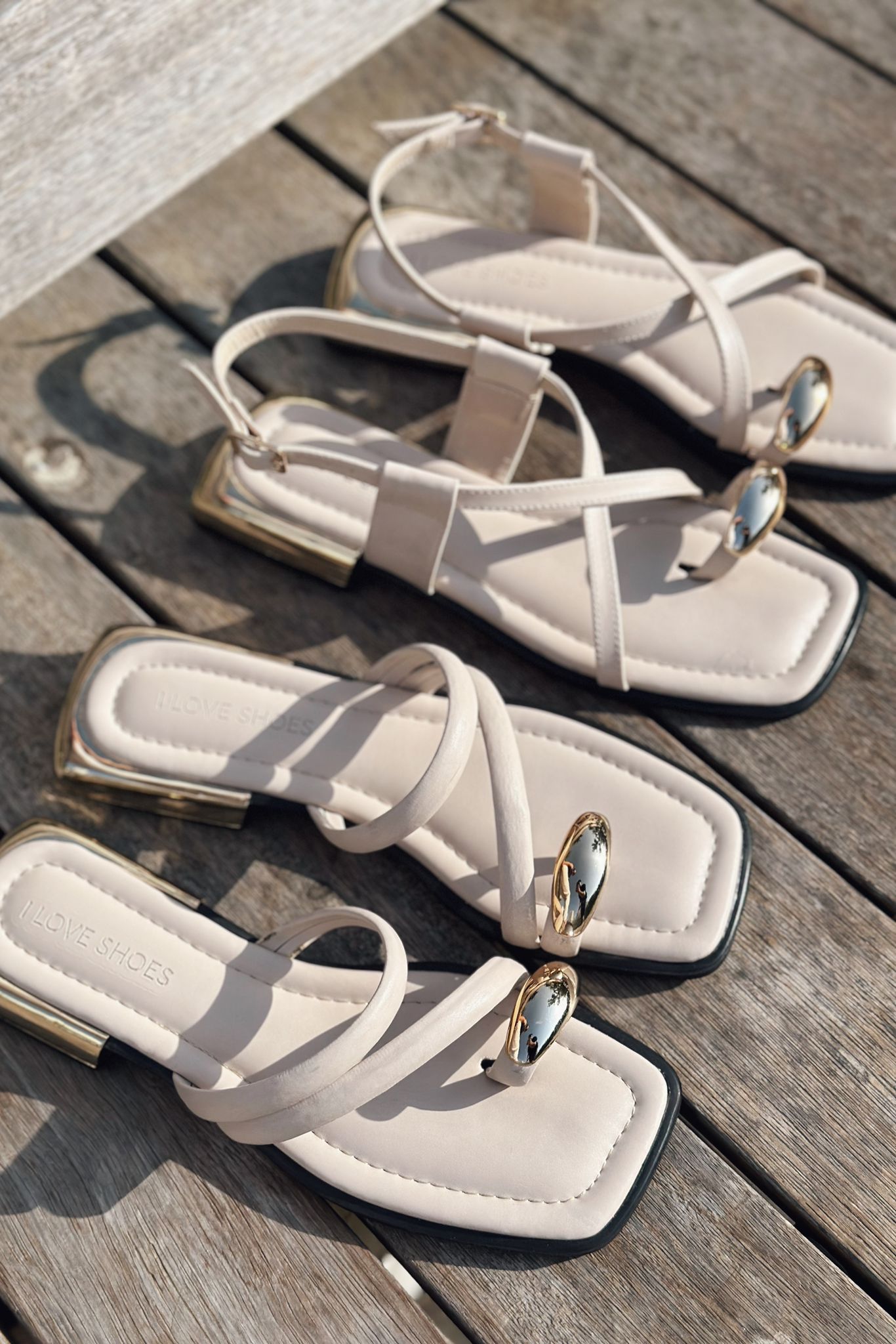 Sewons Beige Faux Leather Buckle Detail Women's Sandals
