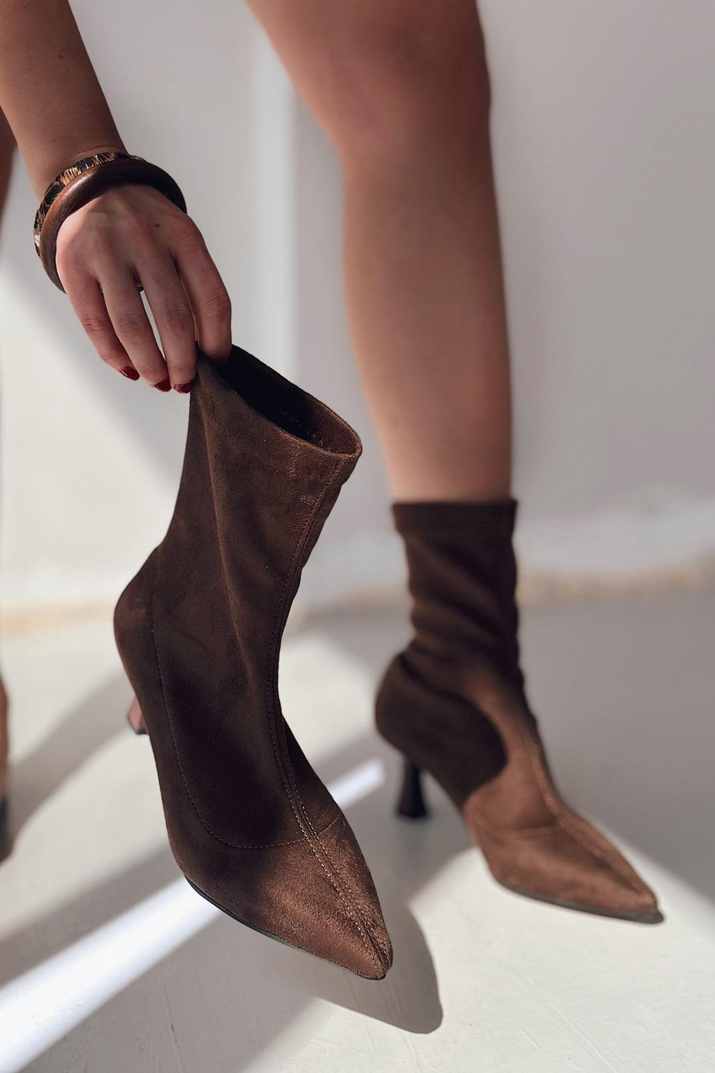 Loravo Suede Dark Brown Sock Boots Stiletto