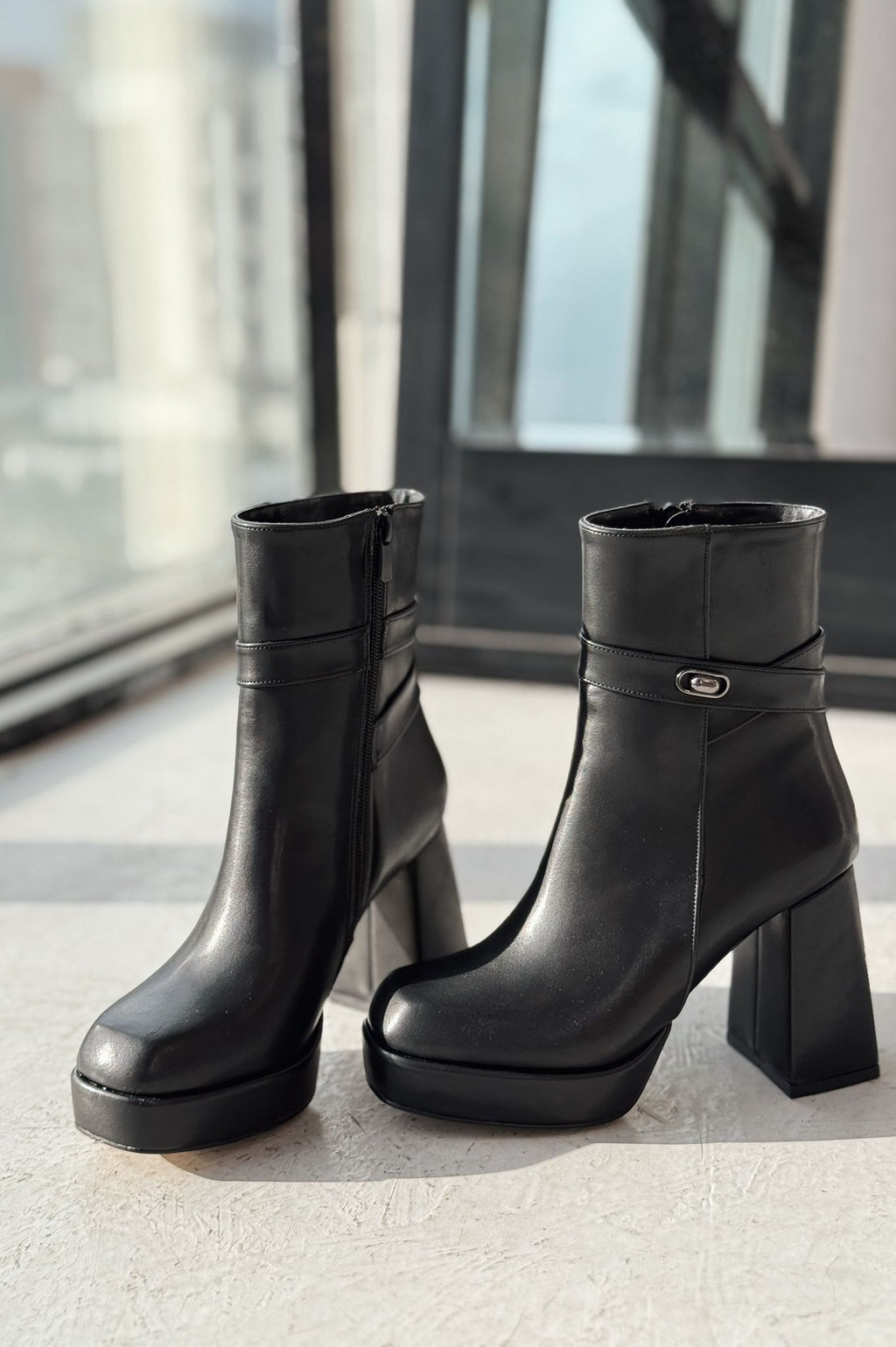 Xeniar Black Faux Leather Platform Zip Buckle Women's Boots