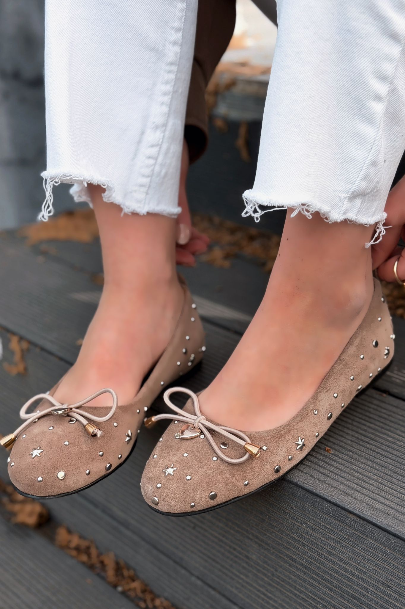 Vessa Taupe Genuine Suede Studded Women's Flats