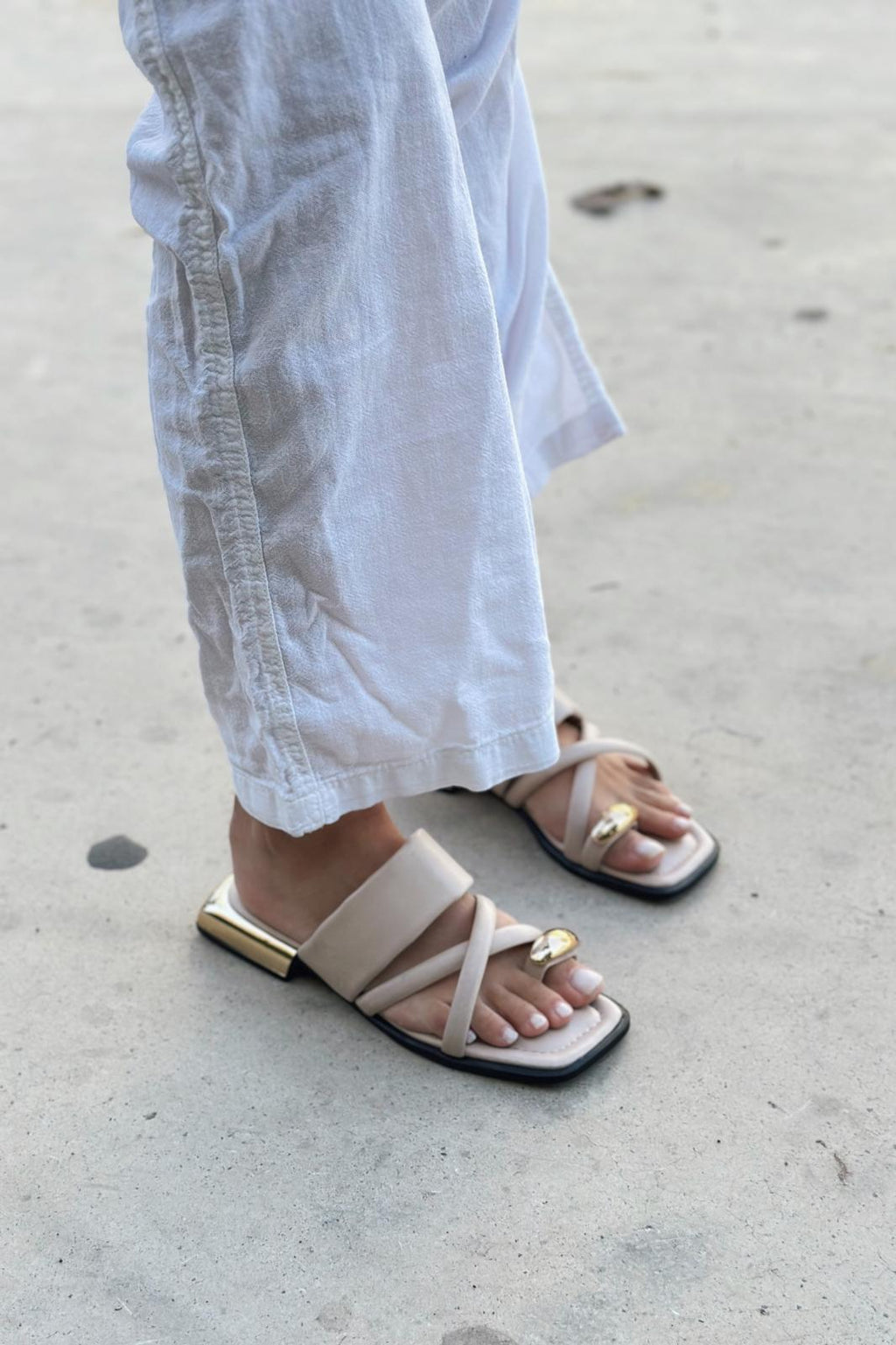 Trons Beige Faux Leather Buckle Detail Women's Mules