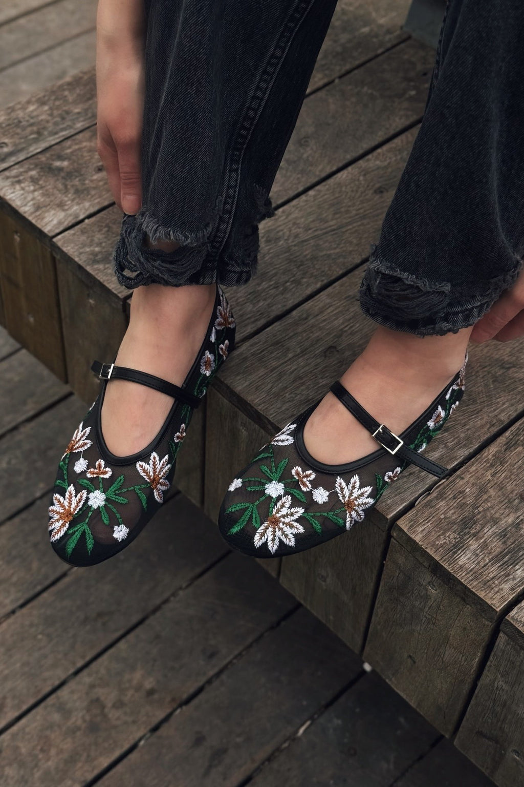 Krysol Embroidered Black Mesh Flats