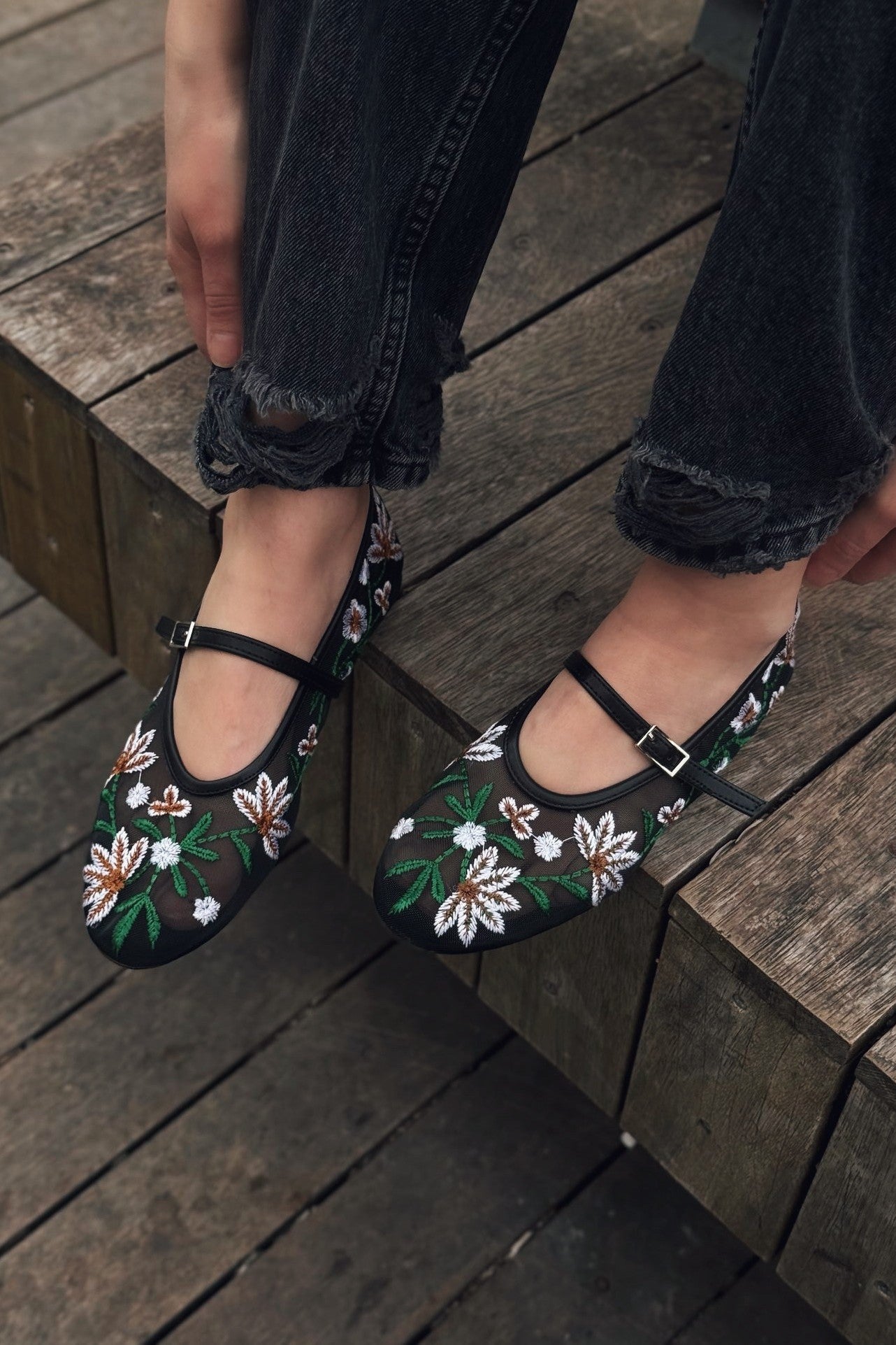 Krysol Embroidered Black Mesh Flats