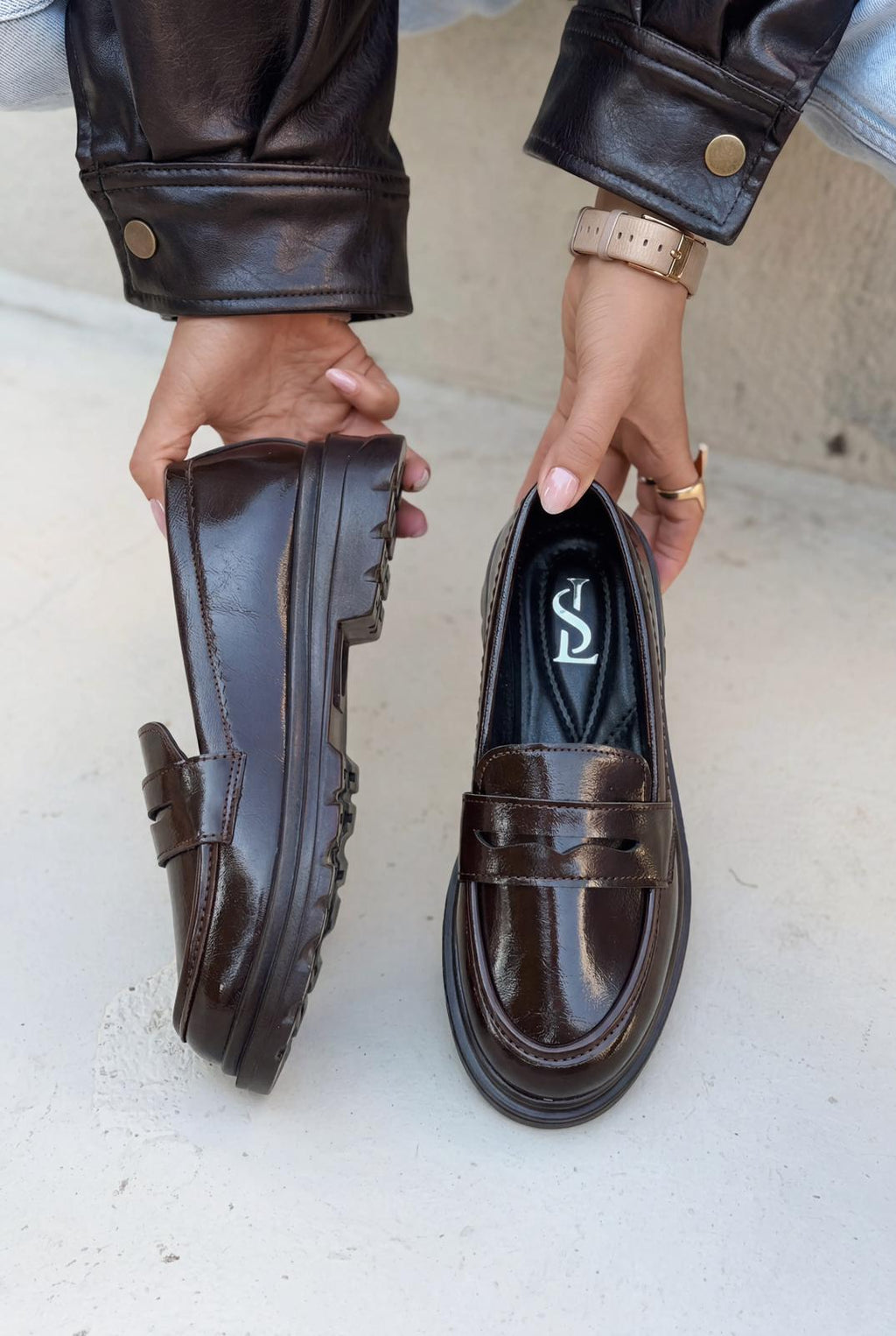 Kastrel Dark Brown Crinkle Patent Faux Leather Women's Loafers