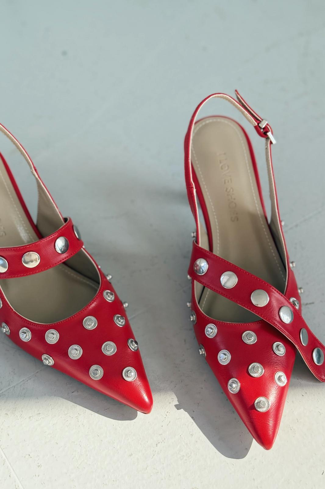 Selorin Red Faux Leather Studded Women's Stilettos