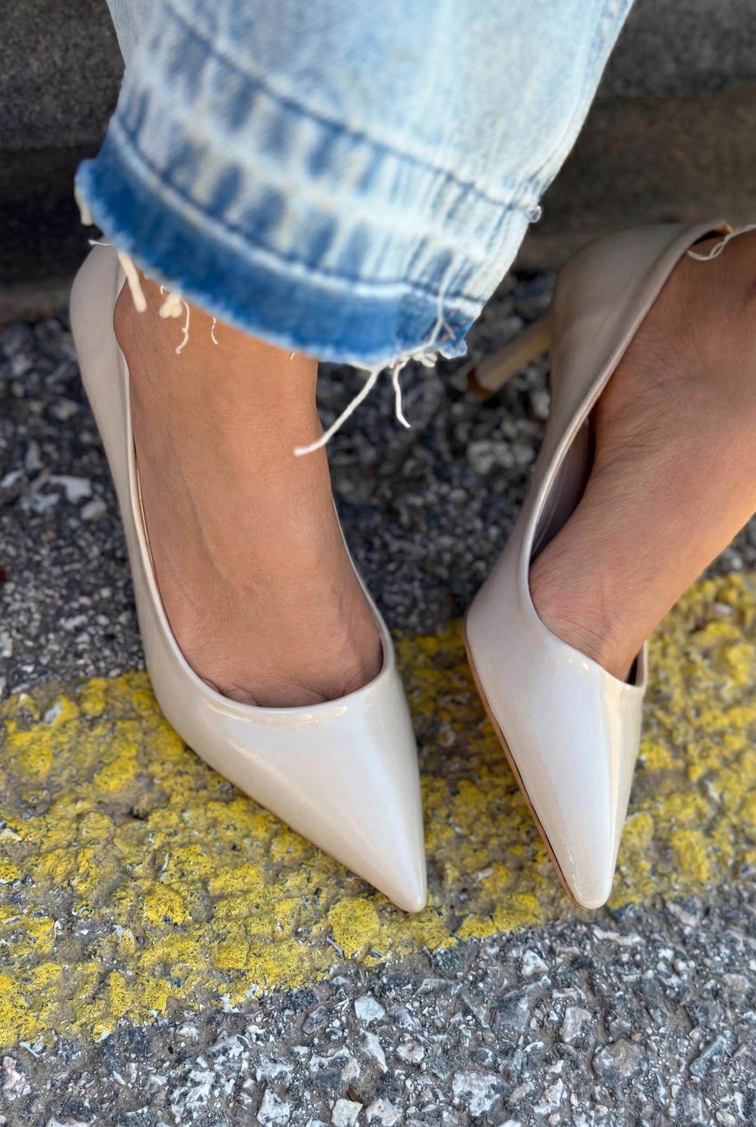 Delvion Beige Patent Faux Leather Women's Stilettos