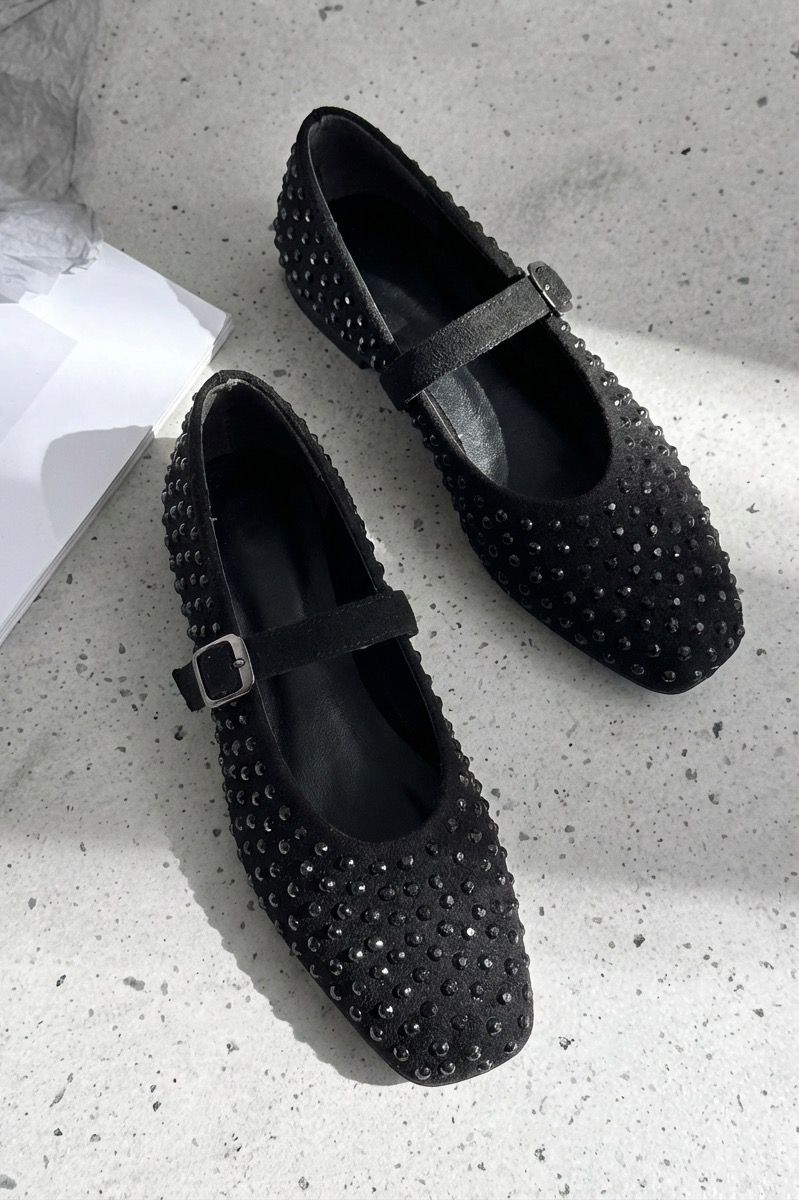 Orion Black Suede Black Crystal Detail Women's Flats