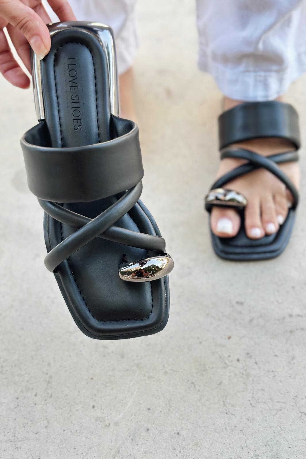 Trons Platinum Faux Leather Buckle Detail Women's Slides