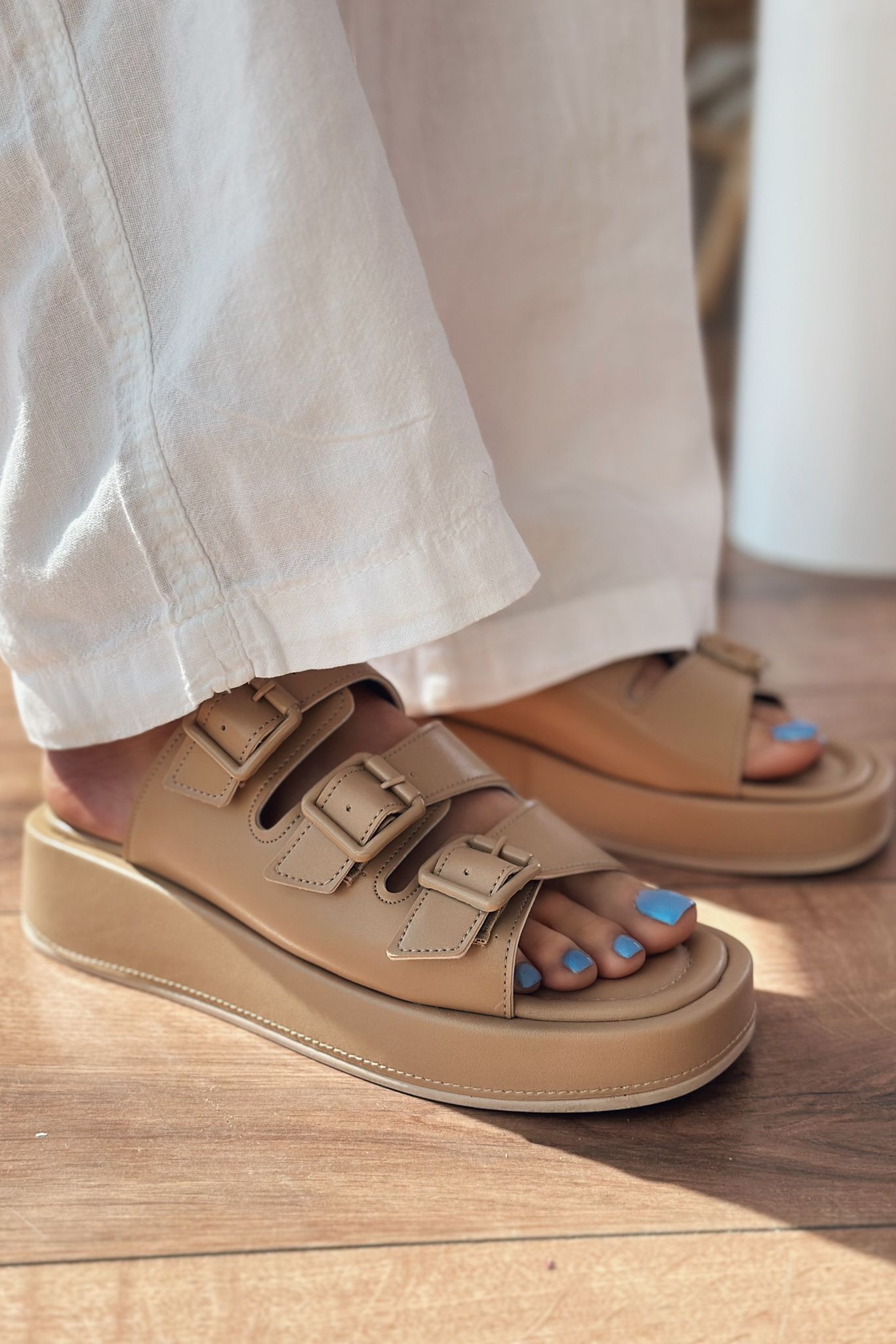 Bertix Nude Faux Leather Buckle Detail Women's Slides