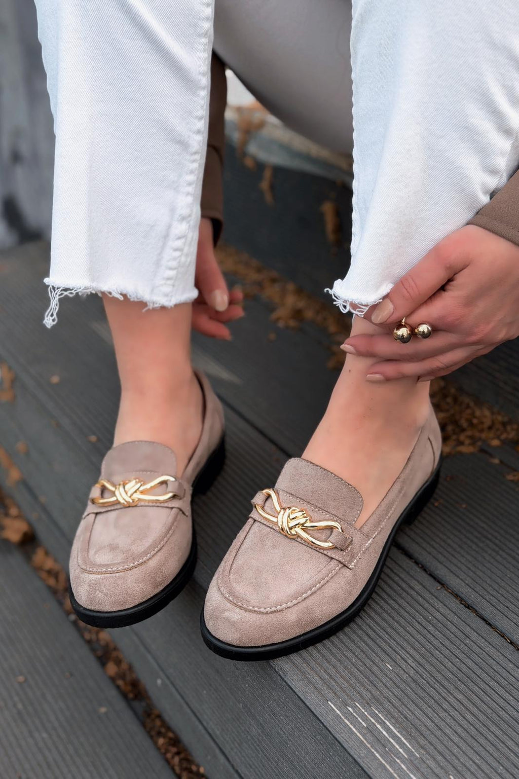 Norel Taupe Suede Bow Detail Women's Loafers
