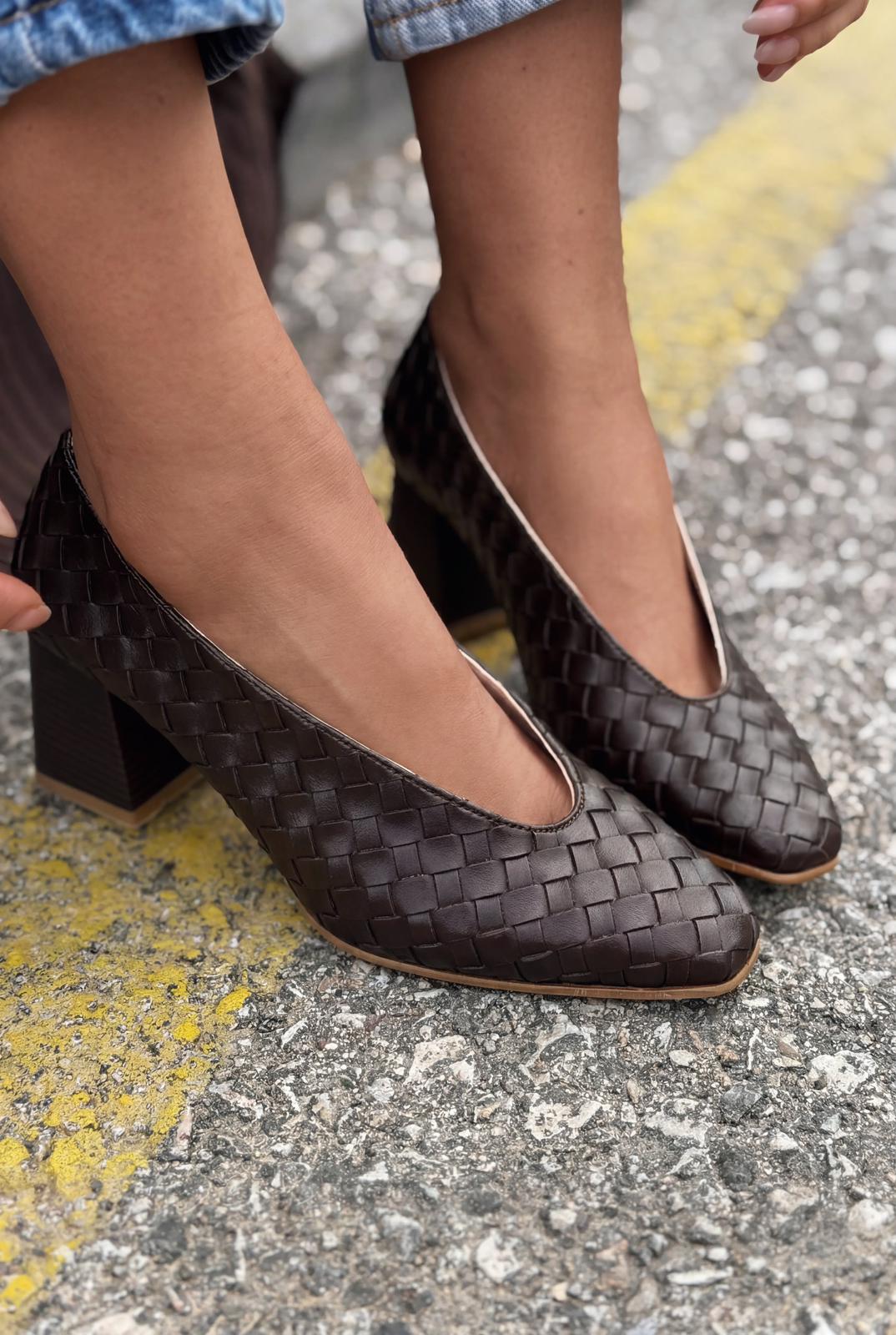 Torben Dark Brown Faux Leather Woven Pattern Women's Pumps