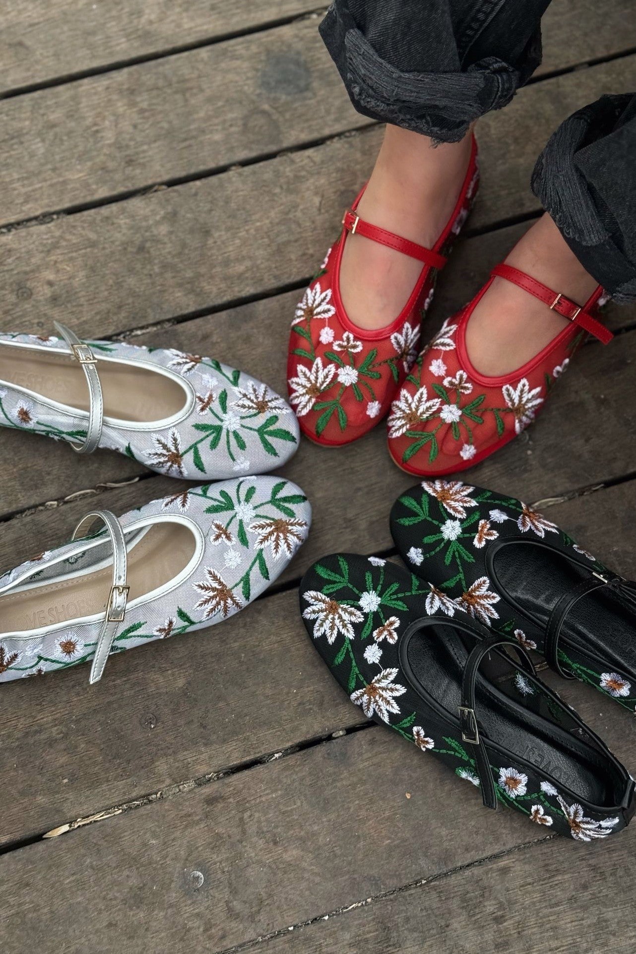 Krysol Embroidered Black Mesh Flats