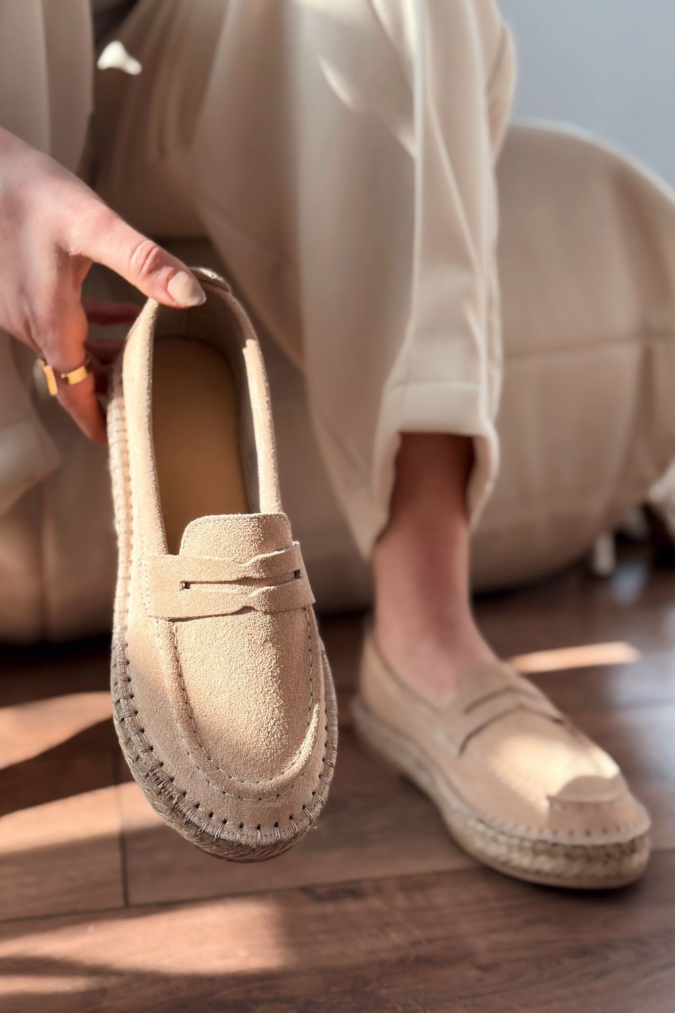 Celure Beige Genuine Suede Women's Espadrille Loafers