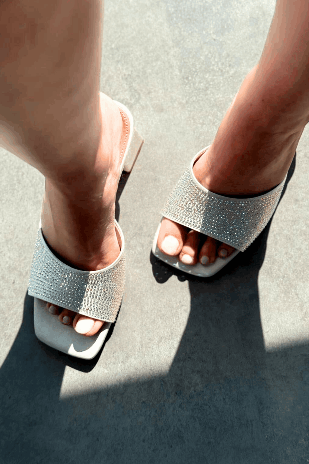 Norma Satin Silver Rhinestone Block Heel Mules