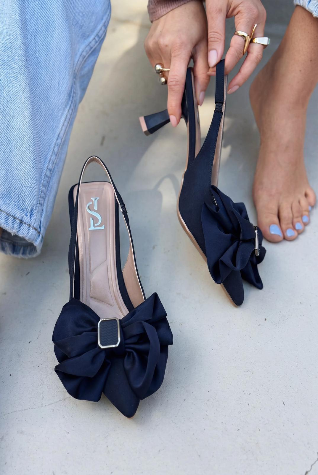 Velune Navy Bow Detail Satin Women's Stilettos