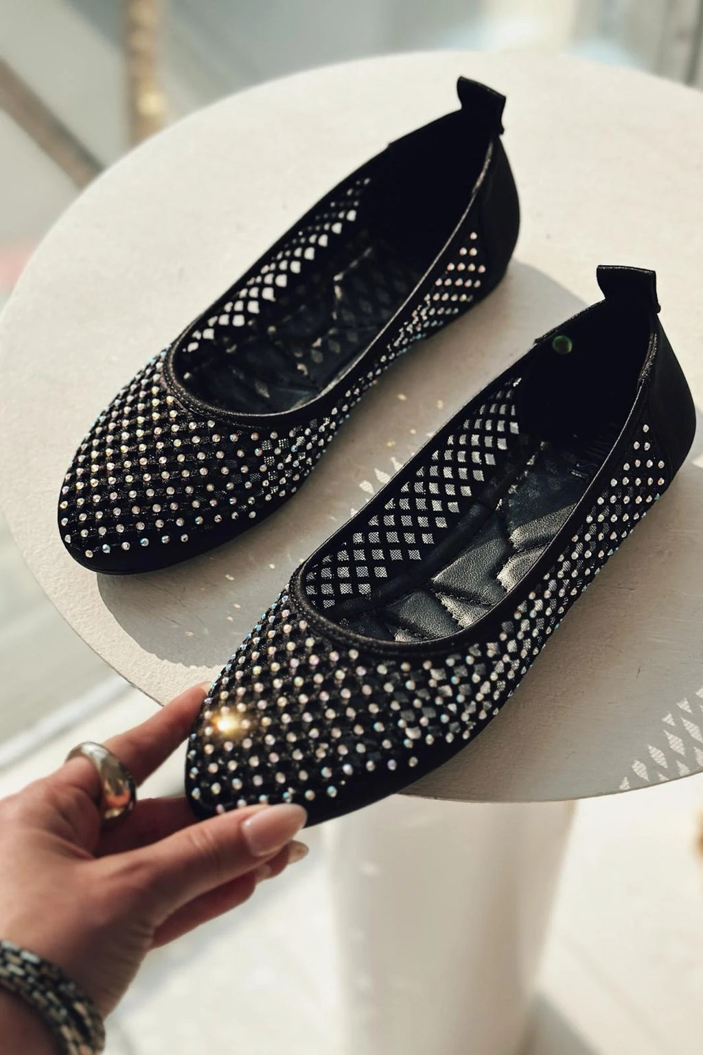Ronetta Black Satin Crystal Embellished Women's Flats
