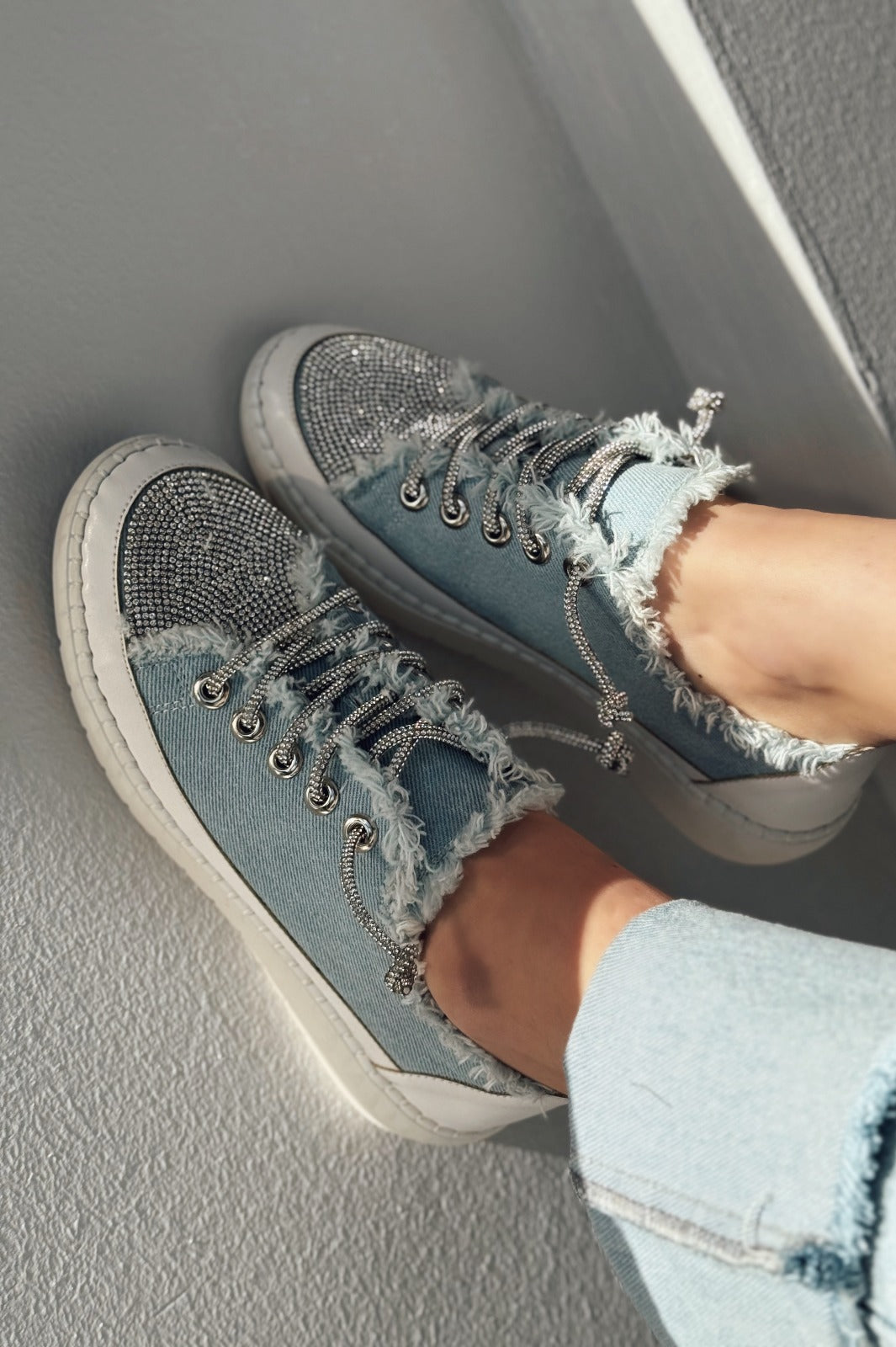 Delina Light Blue Jean Rhinestone Women's Sneakers