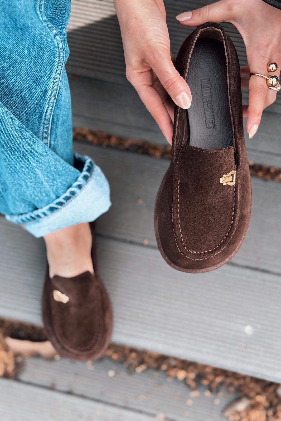 Rasen Dark Brown Genuine Suede Women's Loafers
