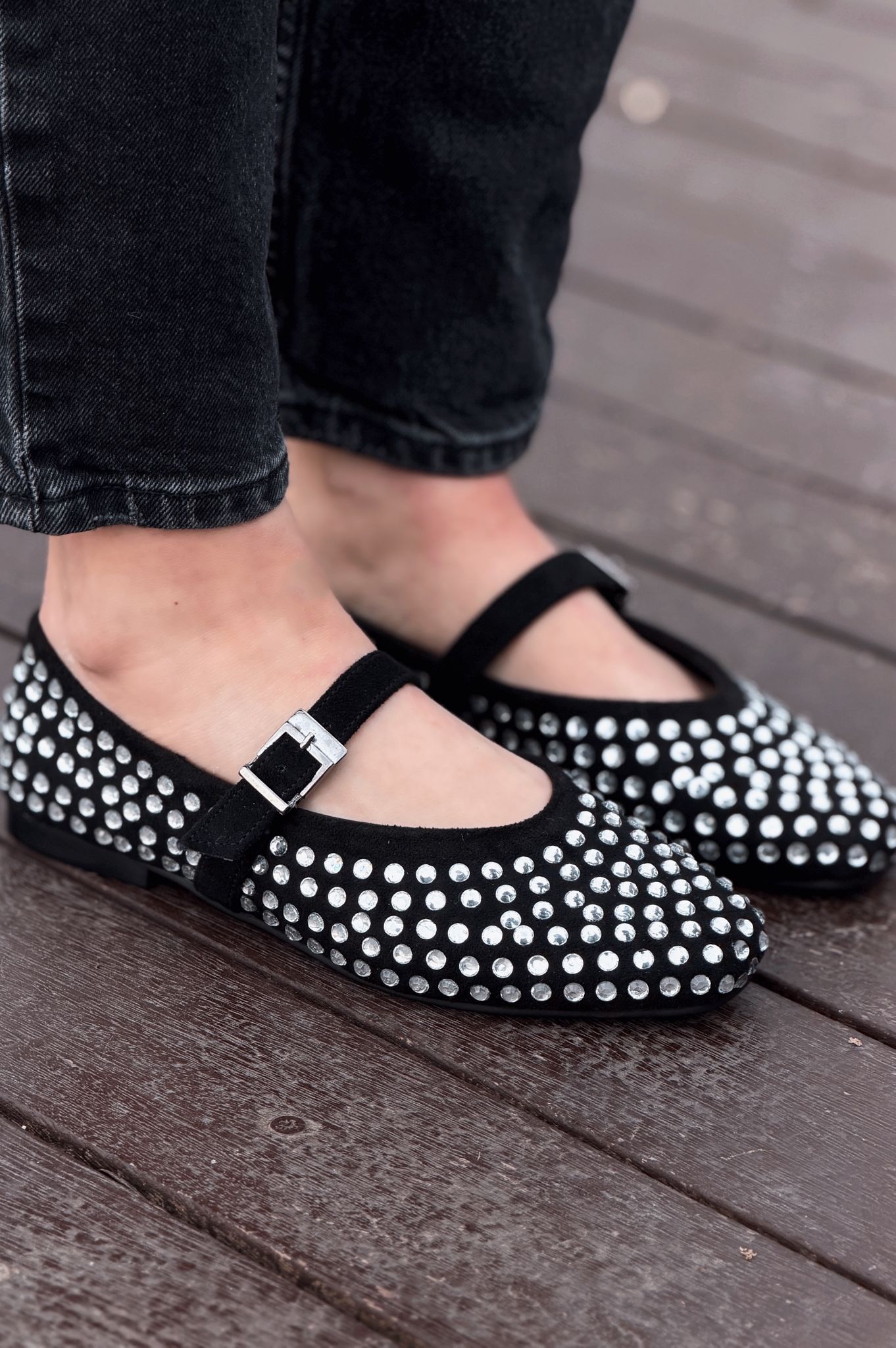 Orion Black Suede Gray Stone Detail Women's Flats
