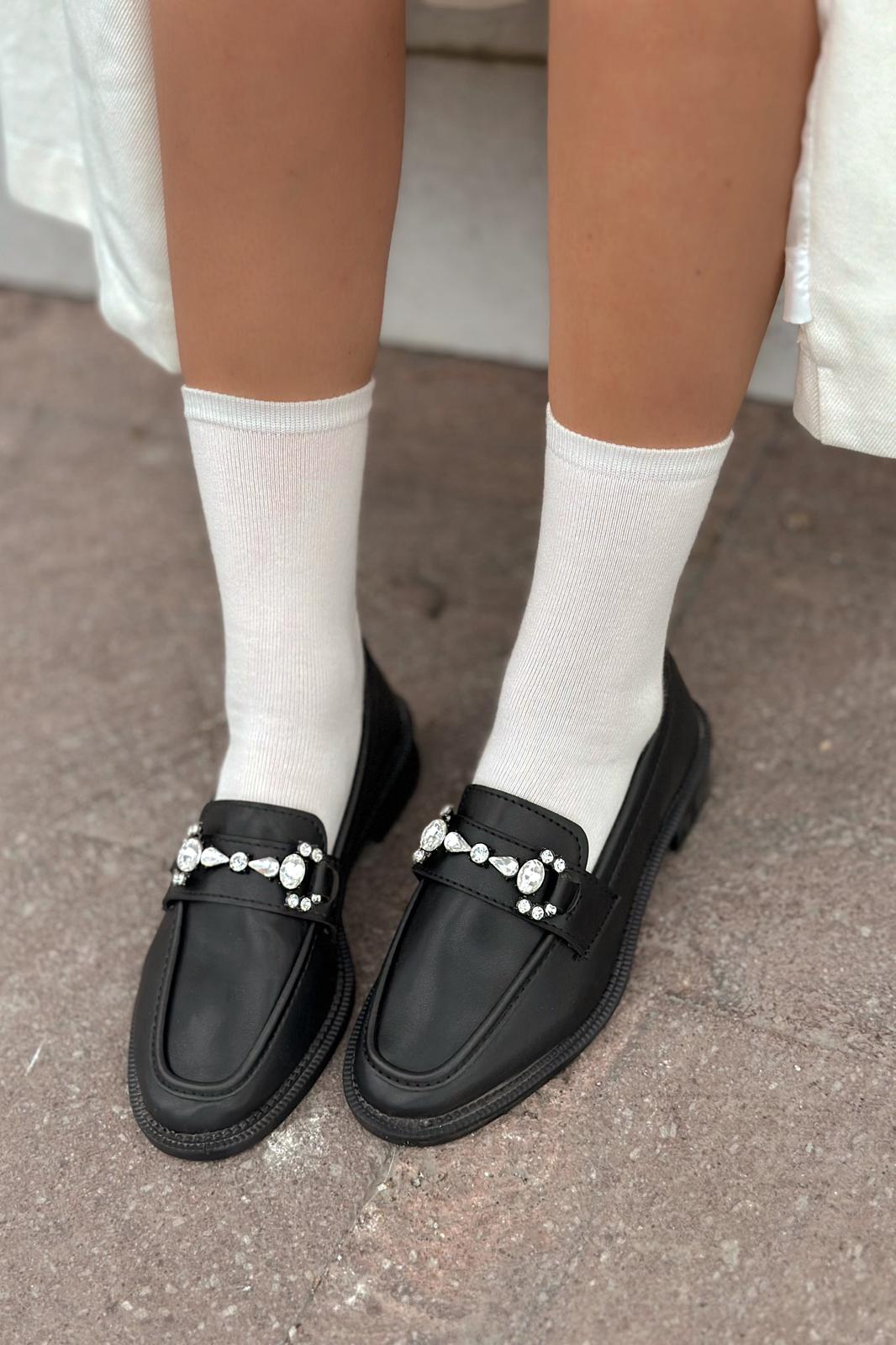 Vitelo Black Faux Leather Crystal Detail Women's Loafer