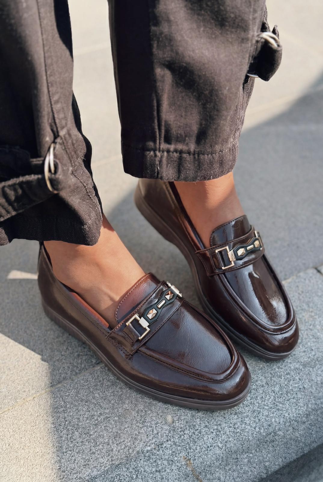 Toler Dark Brown Patent Faux Leather Women's Loafers