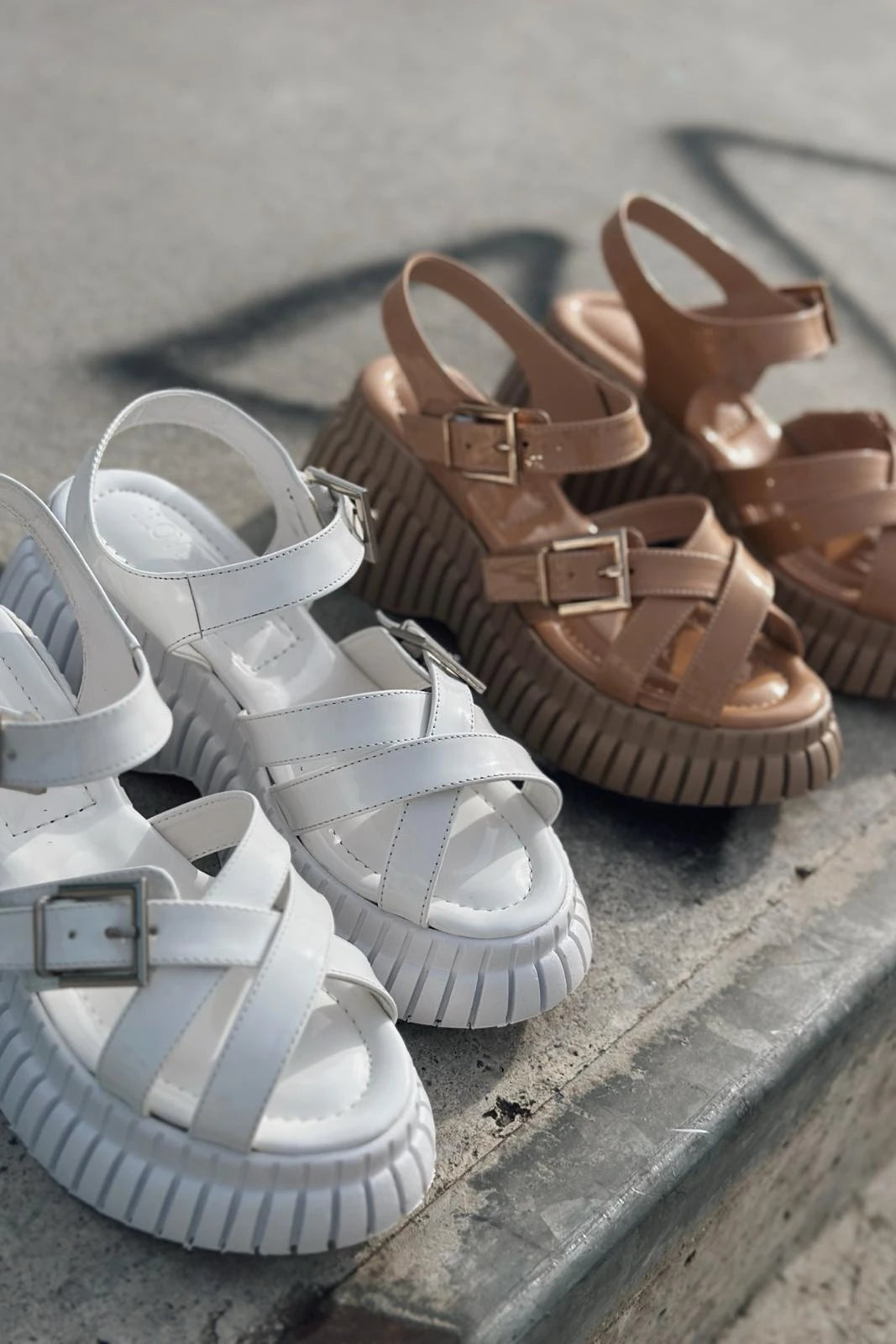 Vony White Patent Faux Leather Buckle Thick Sole Women's Sandals
