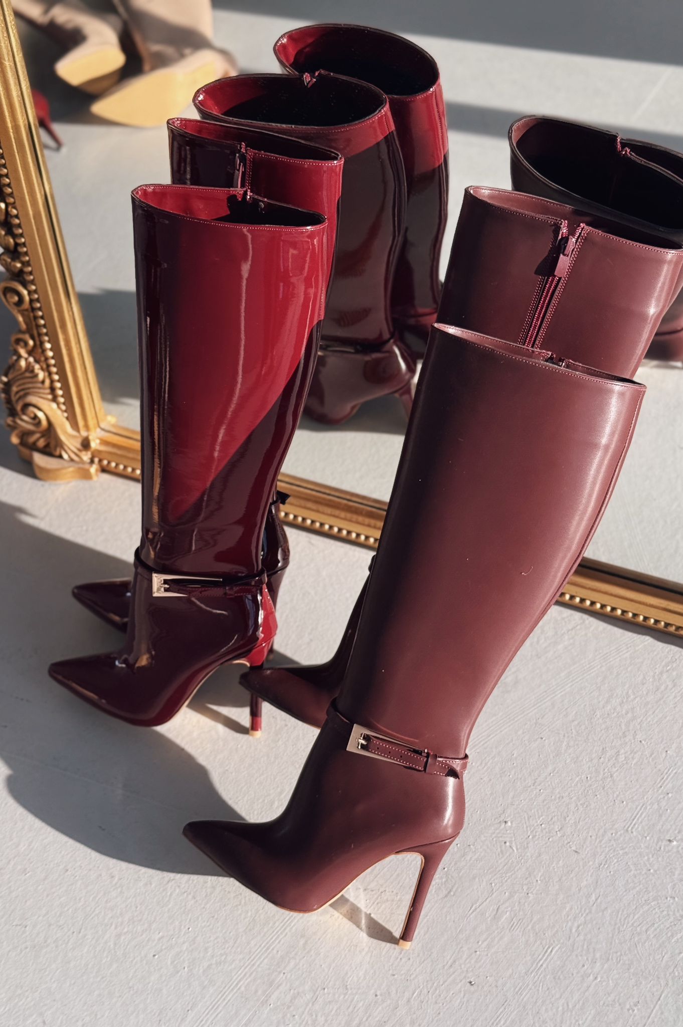 Eswod Burgundy Faux Leather Buckle Detail Women's Boots