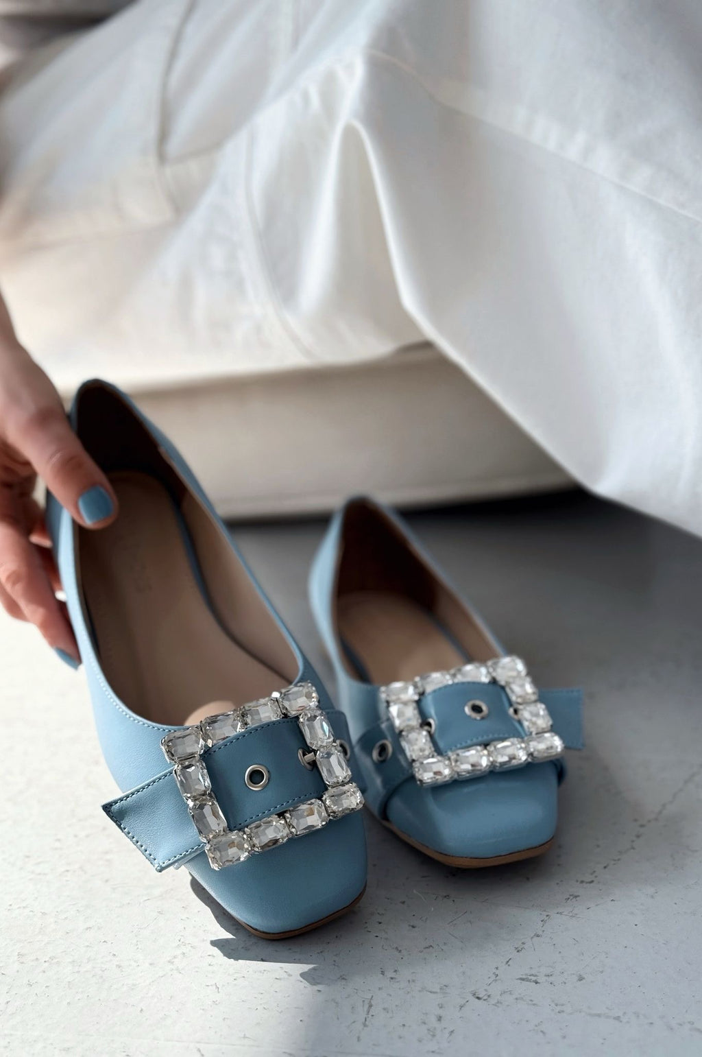 Woned Baby Blue Faux Leather Stone Embellished Women's Flats