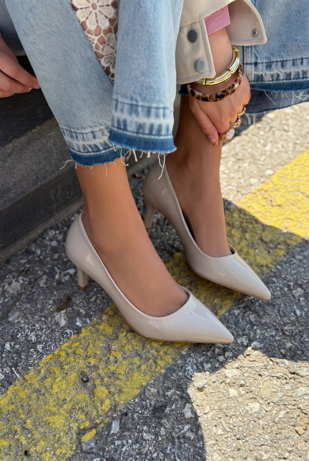 Delvion Beige Patent Faux Leather Women's Stilettos