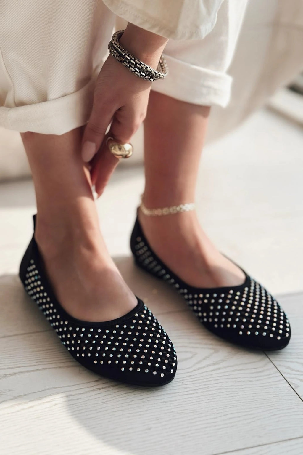 Ronetta Black Satin Crystal Embellished Women's Flats