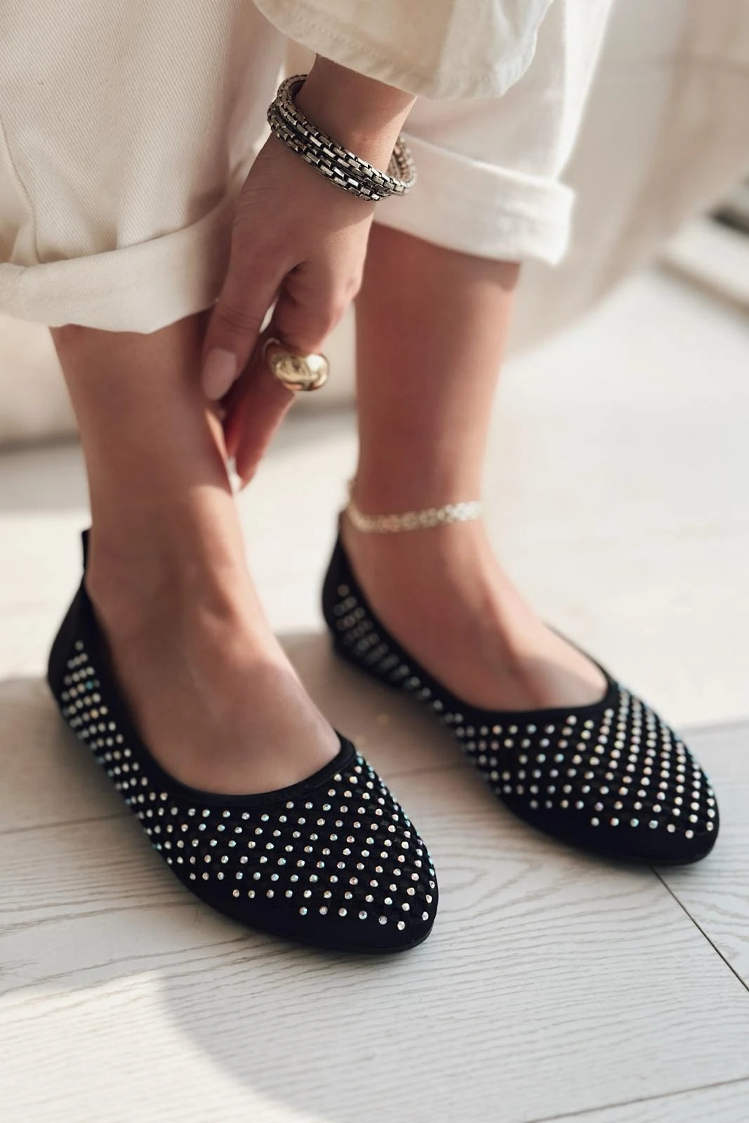 Ronetta Black Satin Crystal Embellished Women's Flats