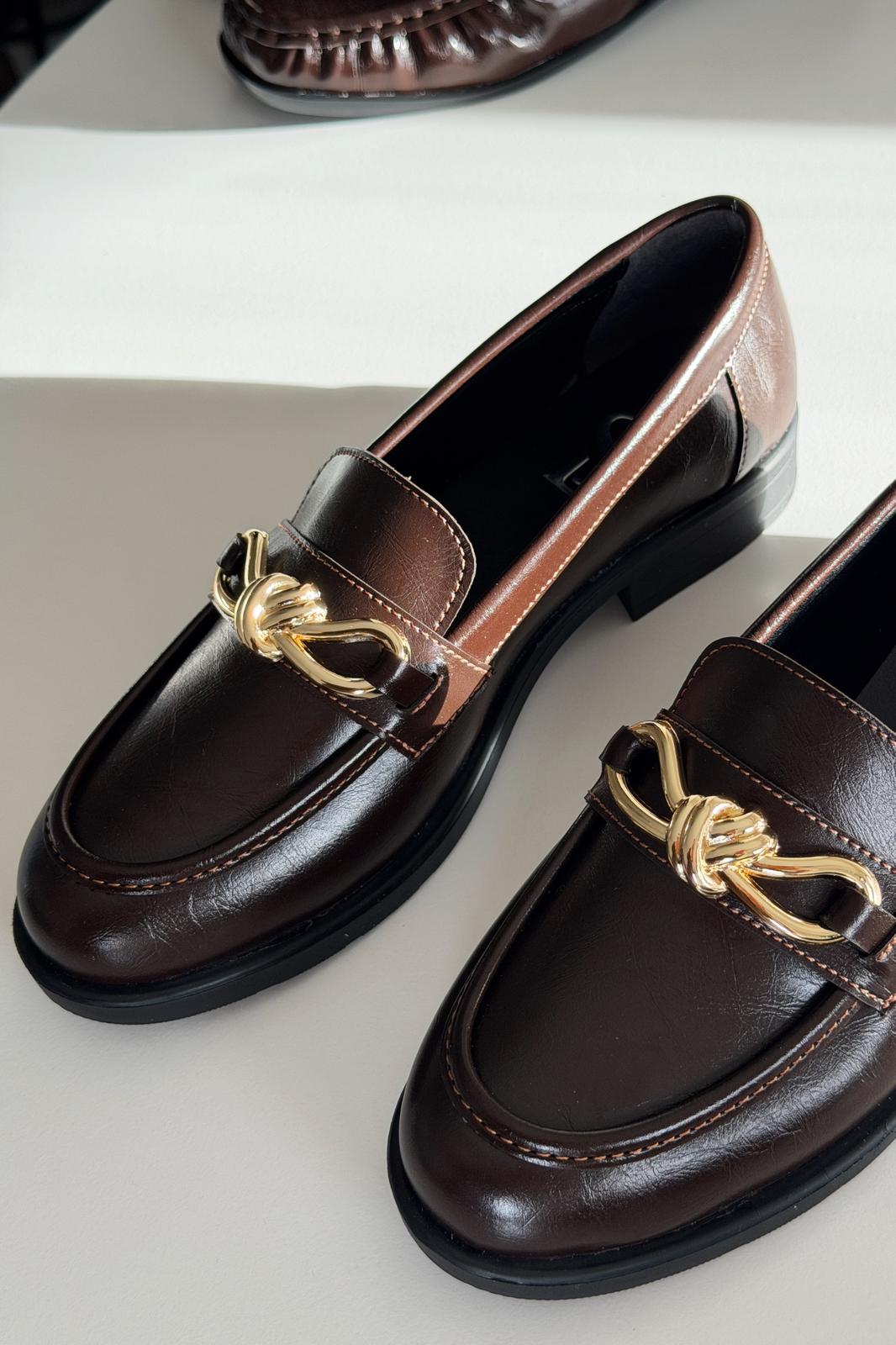 Norel Dark Brown Faux Leather Bow Detail Women's Loafers