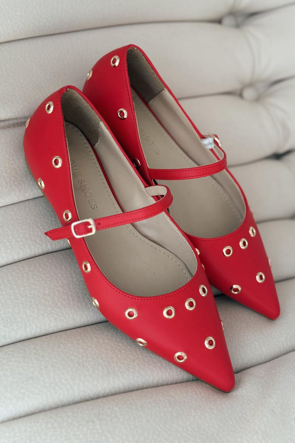 Zelix Red Faux Leather Women's Studded Flats