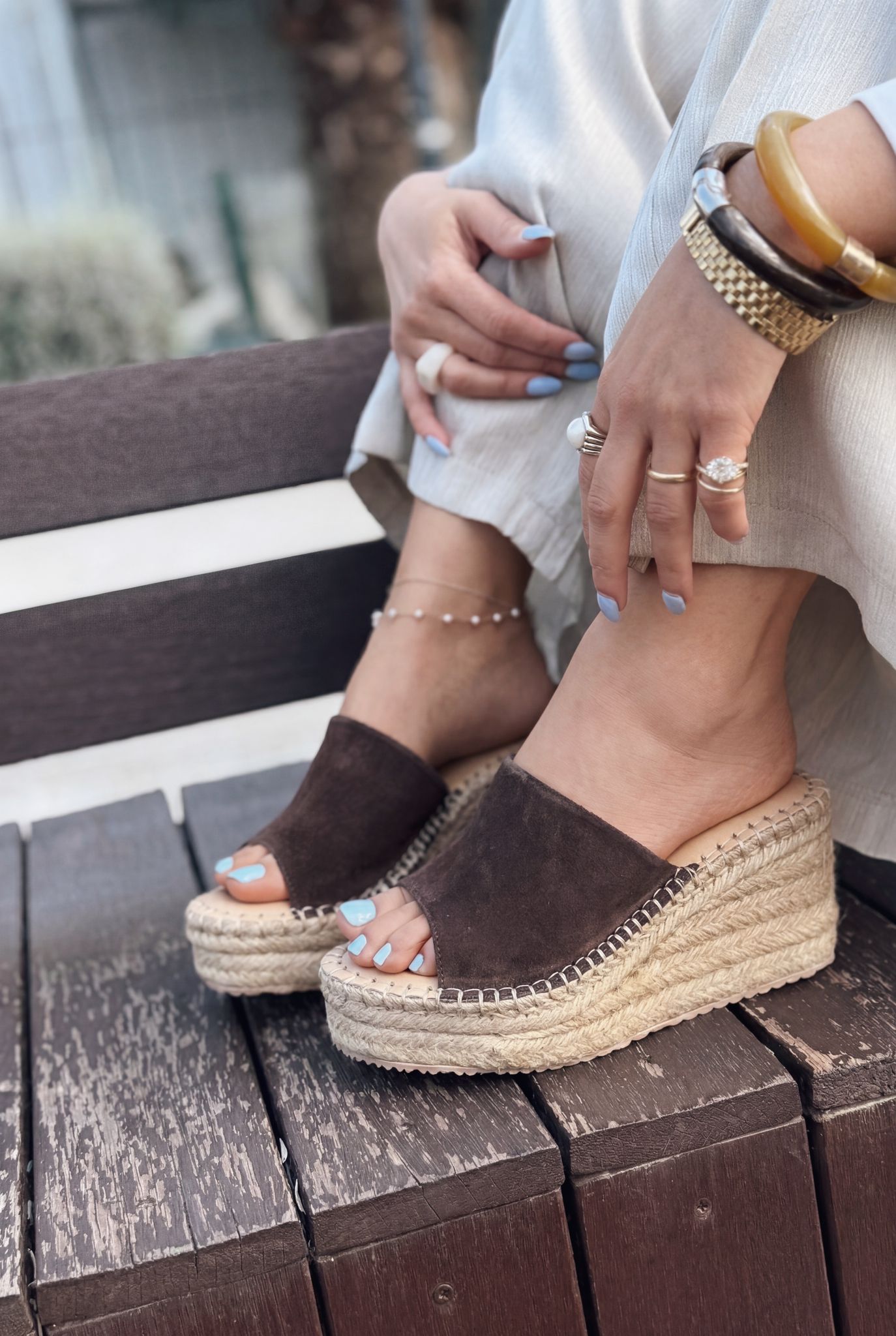 Lorver Light Brown Genuine Suede Women's Wedge Heel Mules