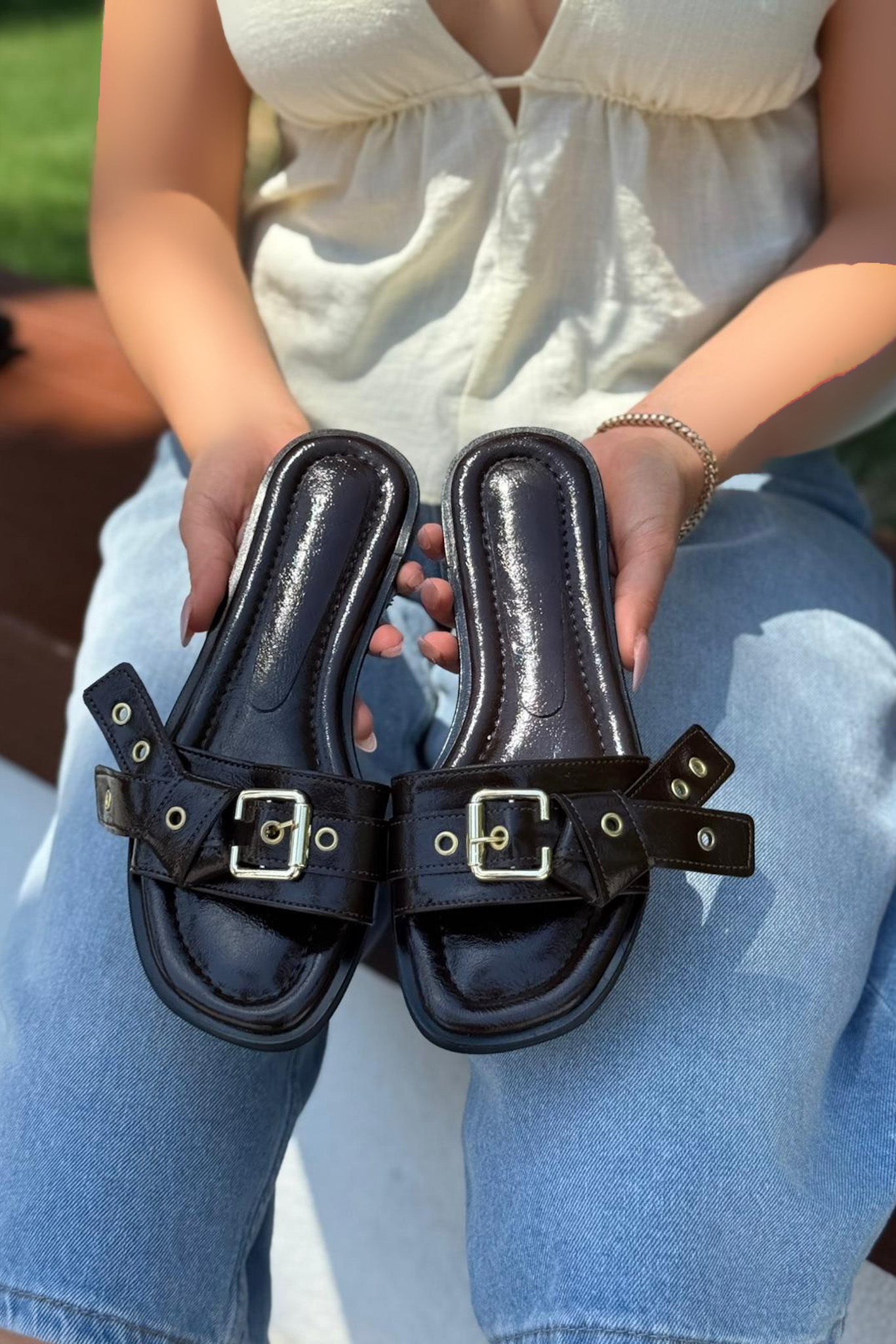 Samaris Light Brown Patent Faux Leather Buckle Detail Women's Slides