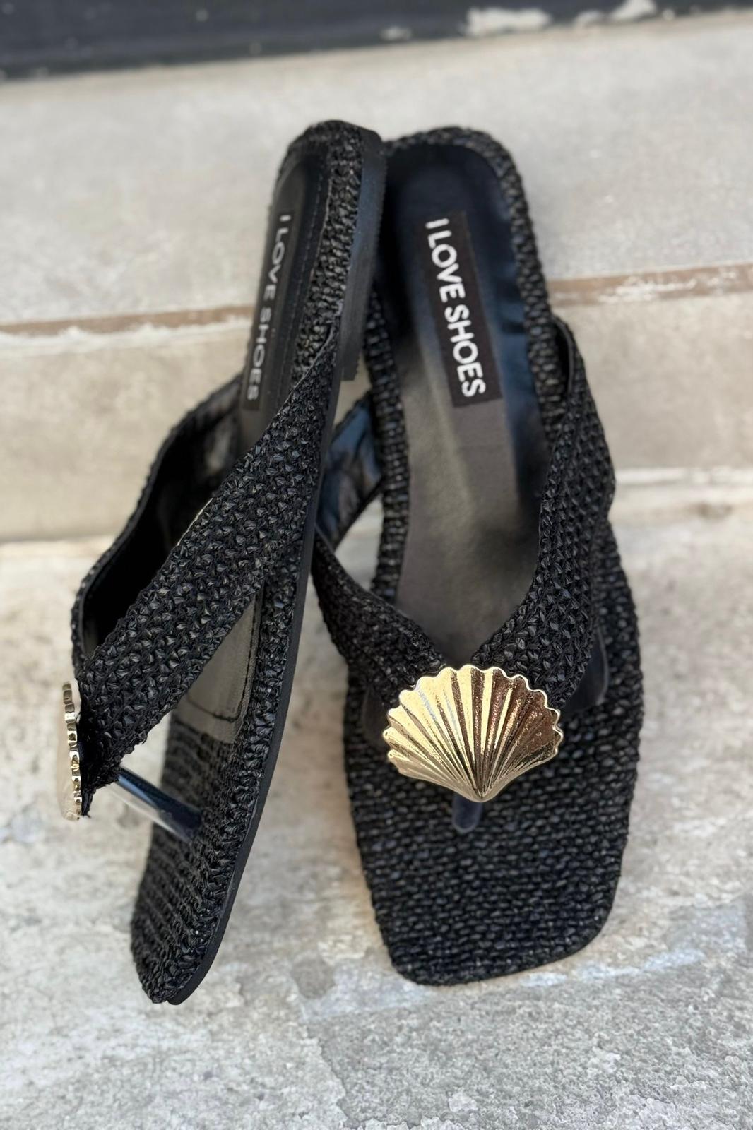 Lovante Woven Black Toe Ring Flat Sandals