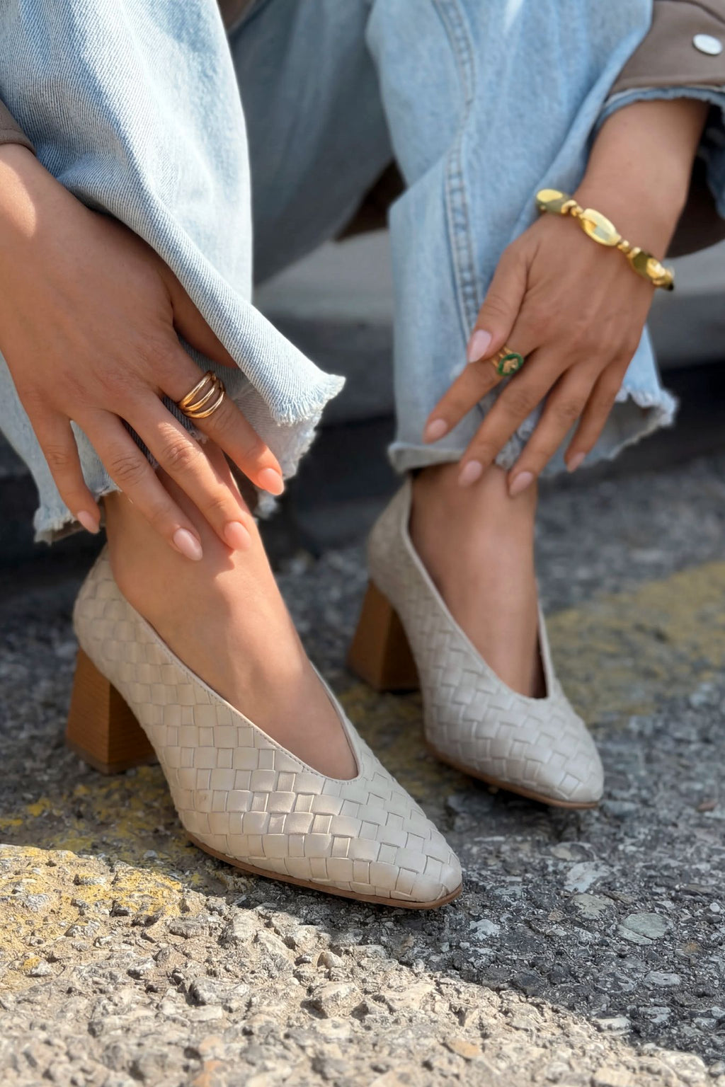 Torben Beige Faux Leather Woven Women's Pumps