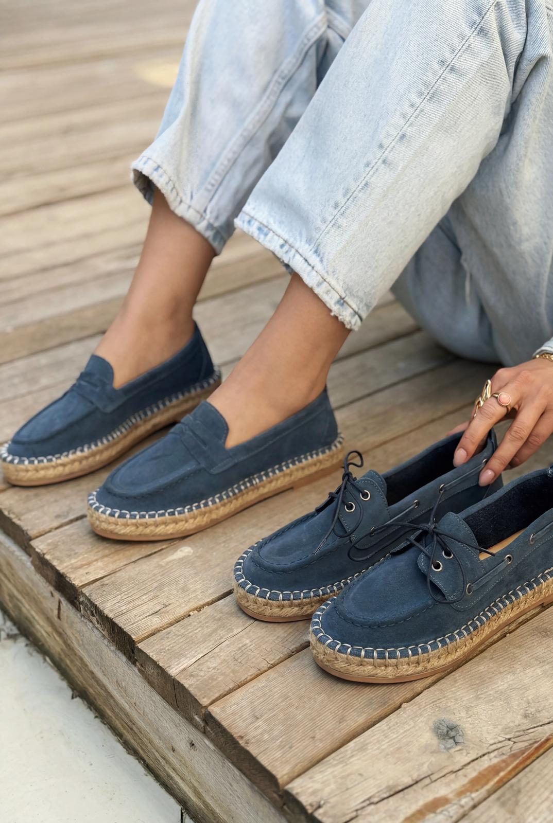 Celure Blue Genuine Suede Women's Espadrille Loafers