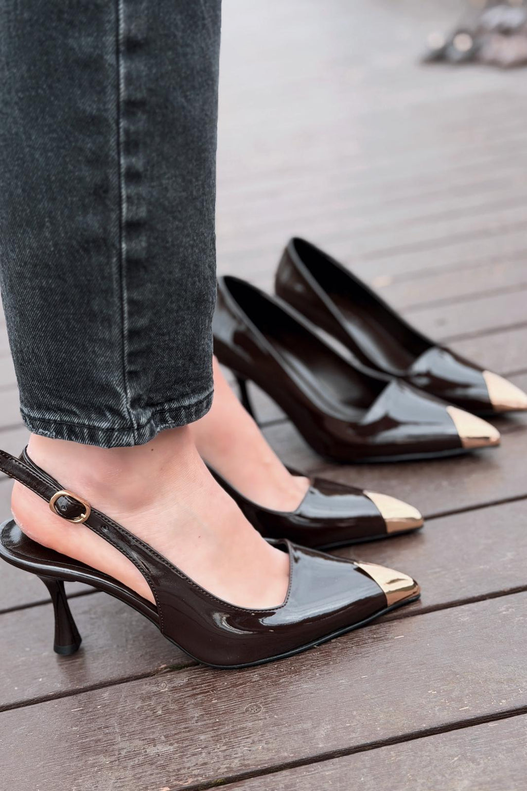 Caligo Light Brown Patent Faux Leather Women's Stilettos