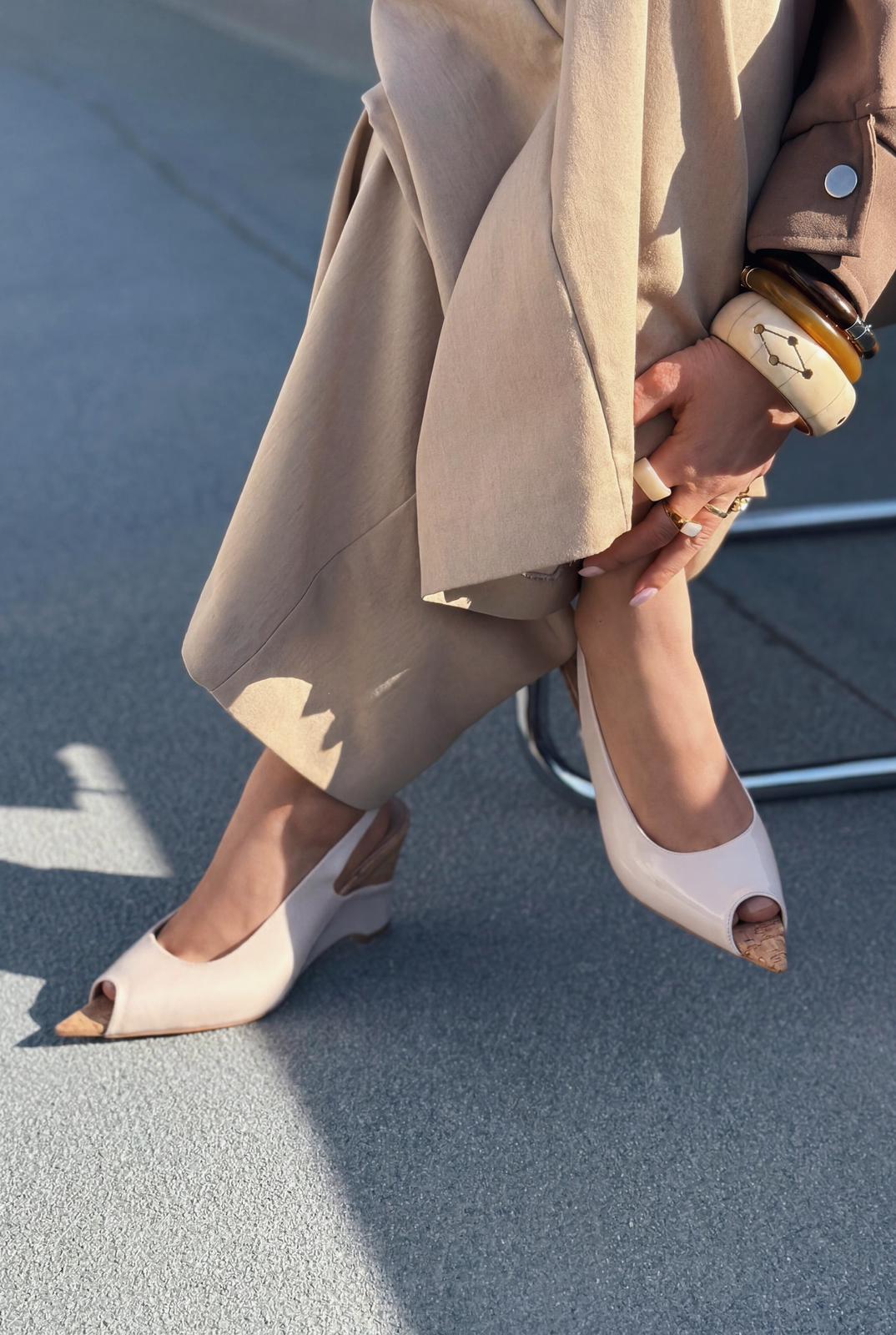 Nerov Beige Crinkled Faux Leather Women's Wedge Heel Sandals