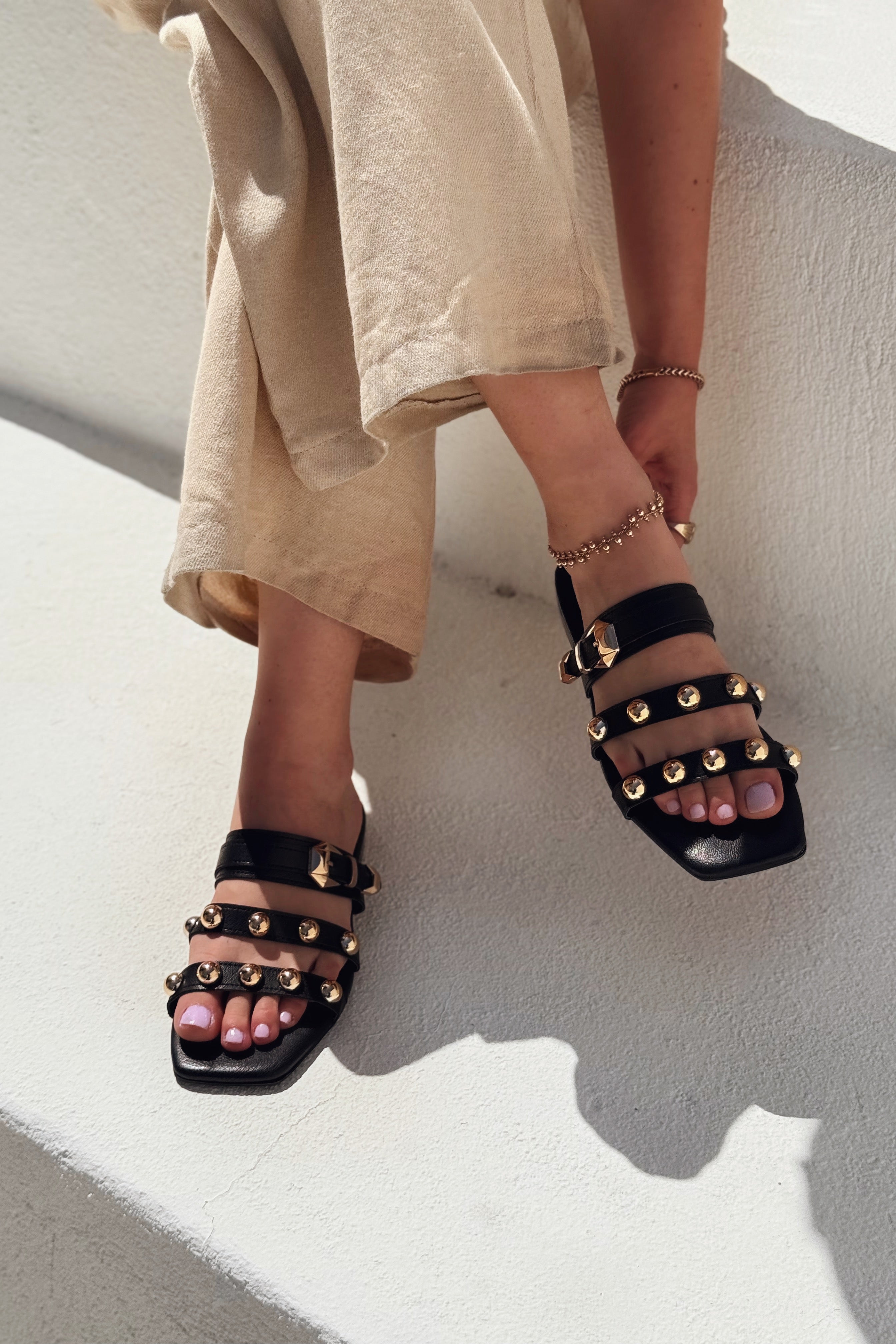 Dawist Black Faux Leather Studded Flat Women's Slides