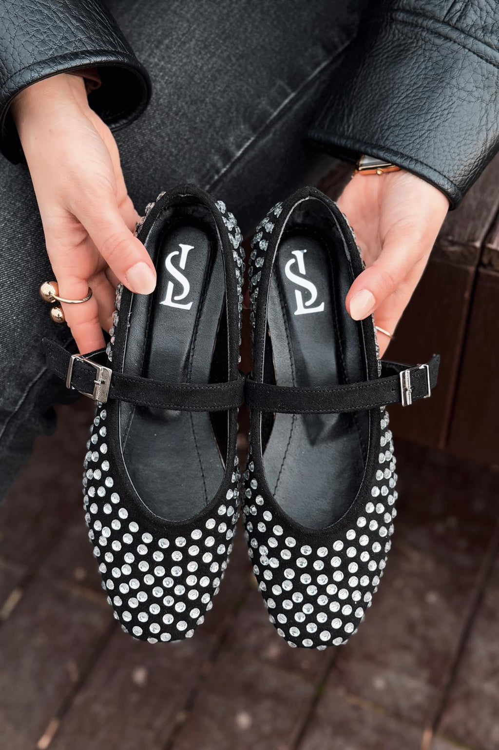 Orion Black Suede Gray Stone Detail Women's Flats