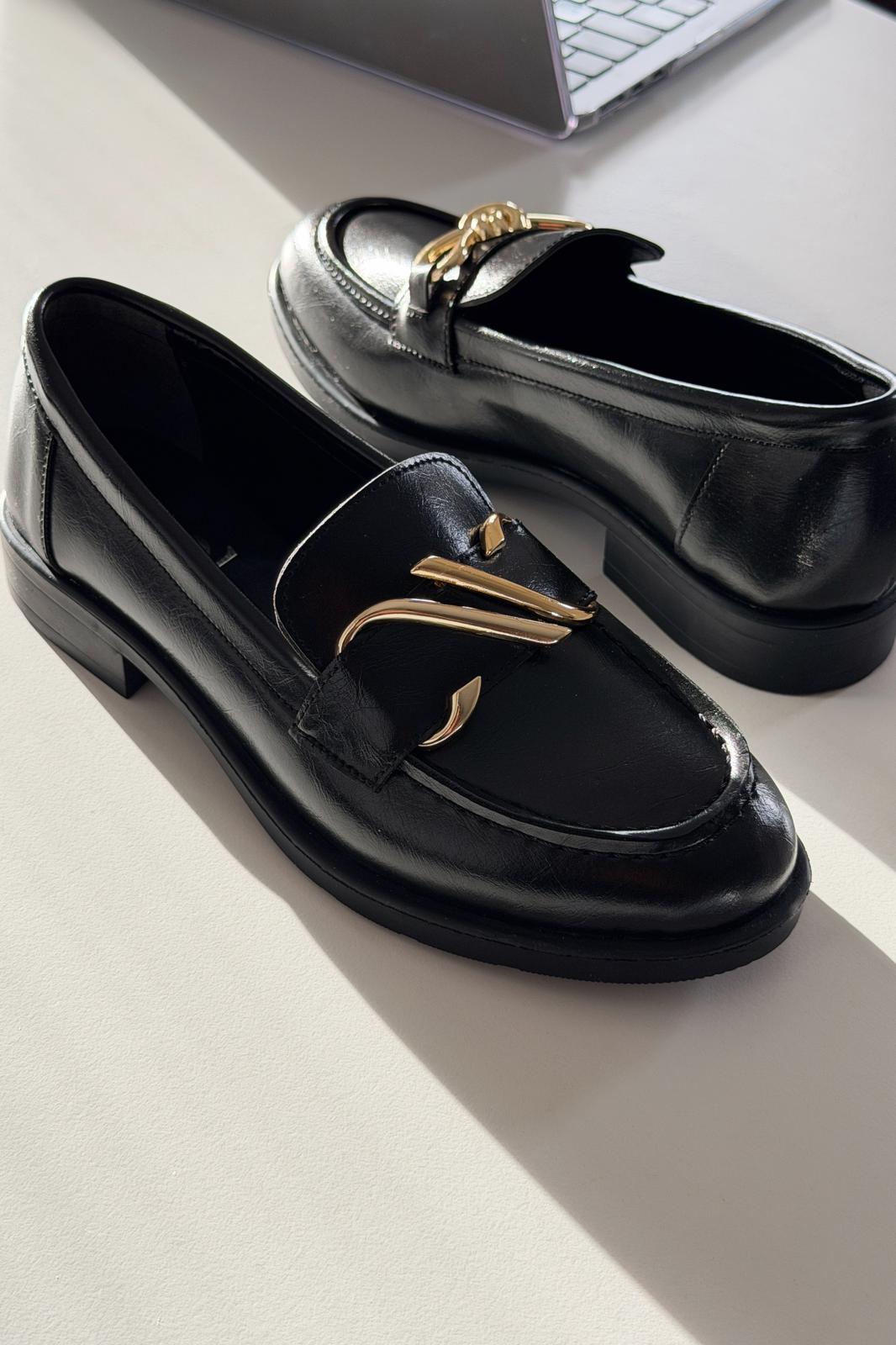 Vantor Black Faux Leather Buckle Detail Women's Loafers