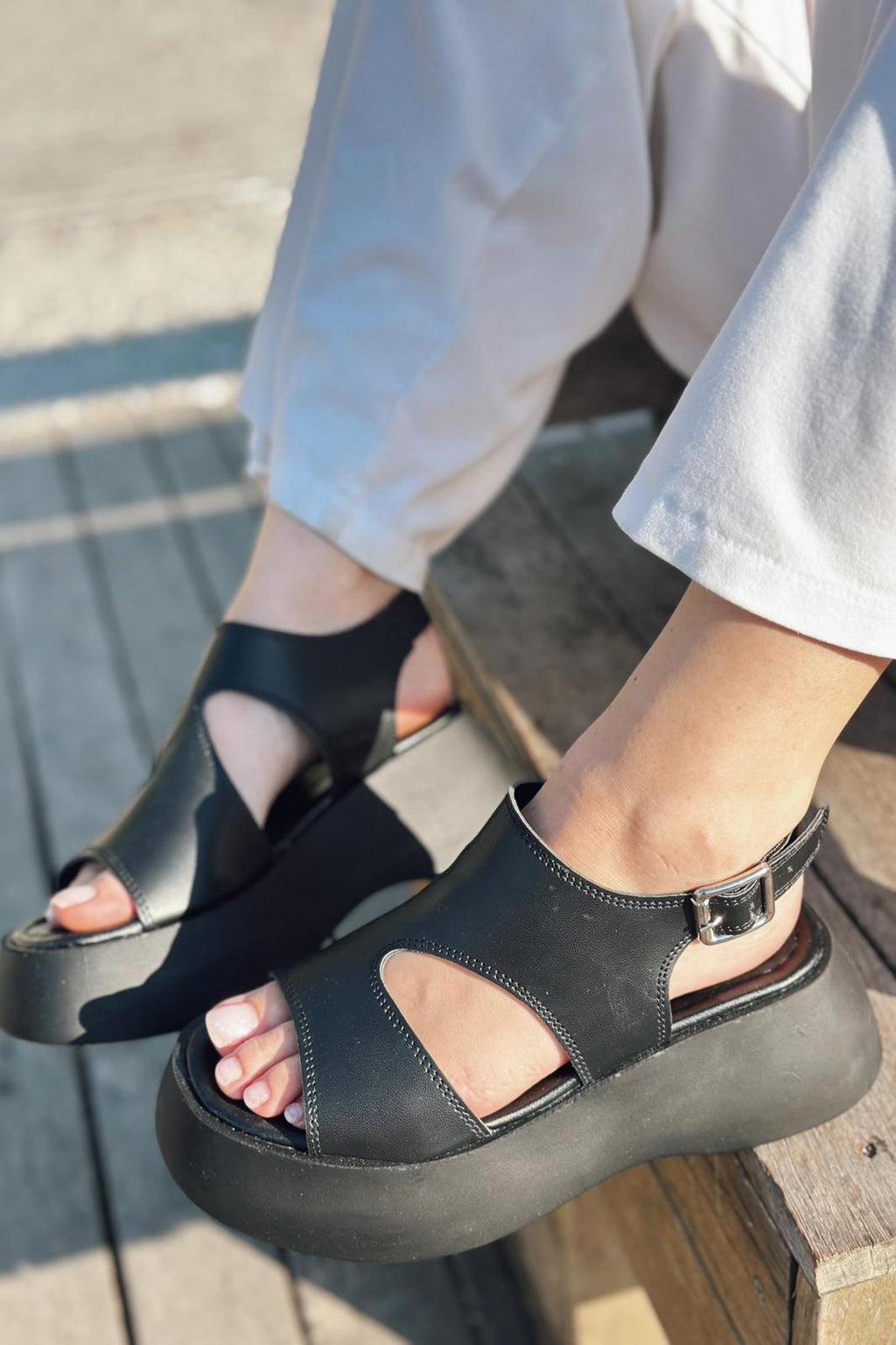 Pantes Black Faux Leather Sandals Women's