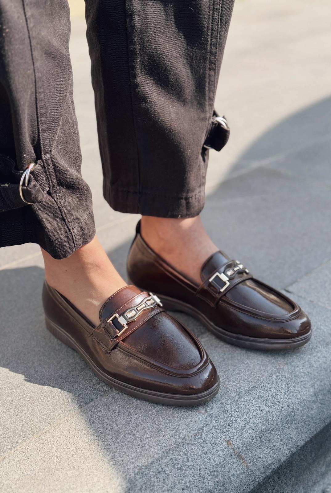 Toler Dark Brown Patent Faux Leather Women's Loafers